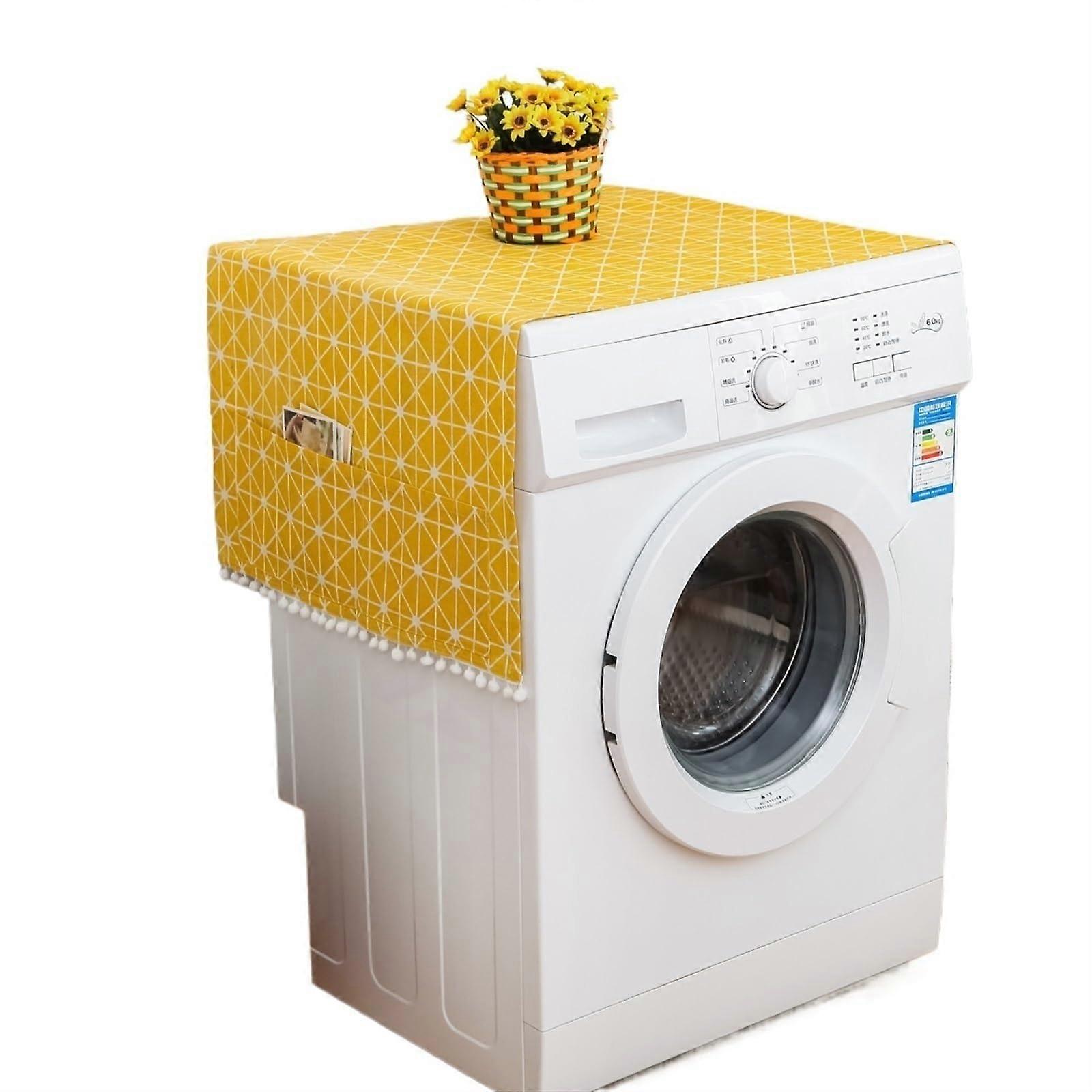 Washing Machine Cover Dustproof 70x170cm Black Pattern, Linen Fabric, With Pocket and Pom-Pom, For Refrigerator and Microwave