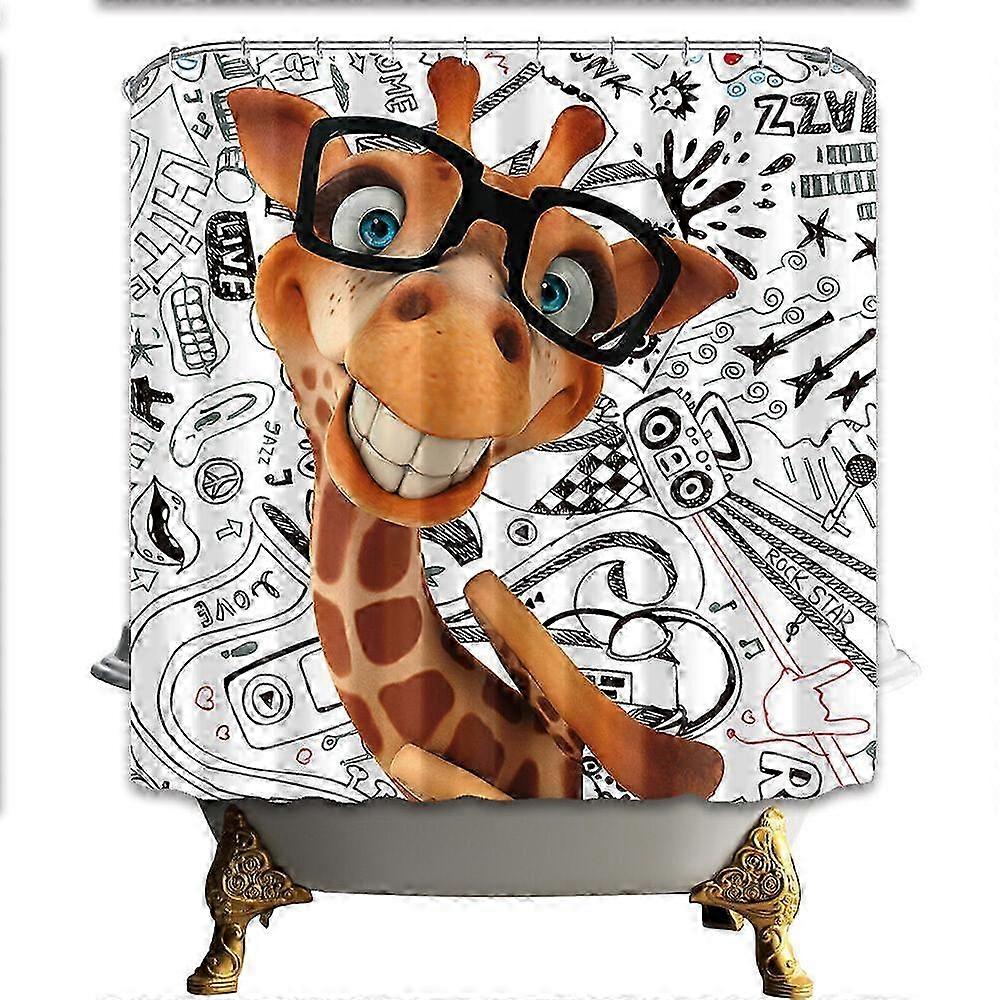 Waterproof Cartoon Shower Curtain with Funny Giraffe Design for Bathroom Decor, Complete with Hooks for Easy Installation