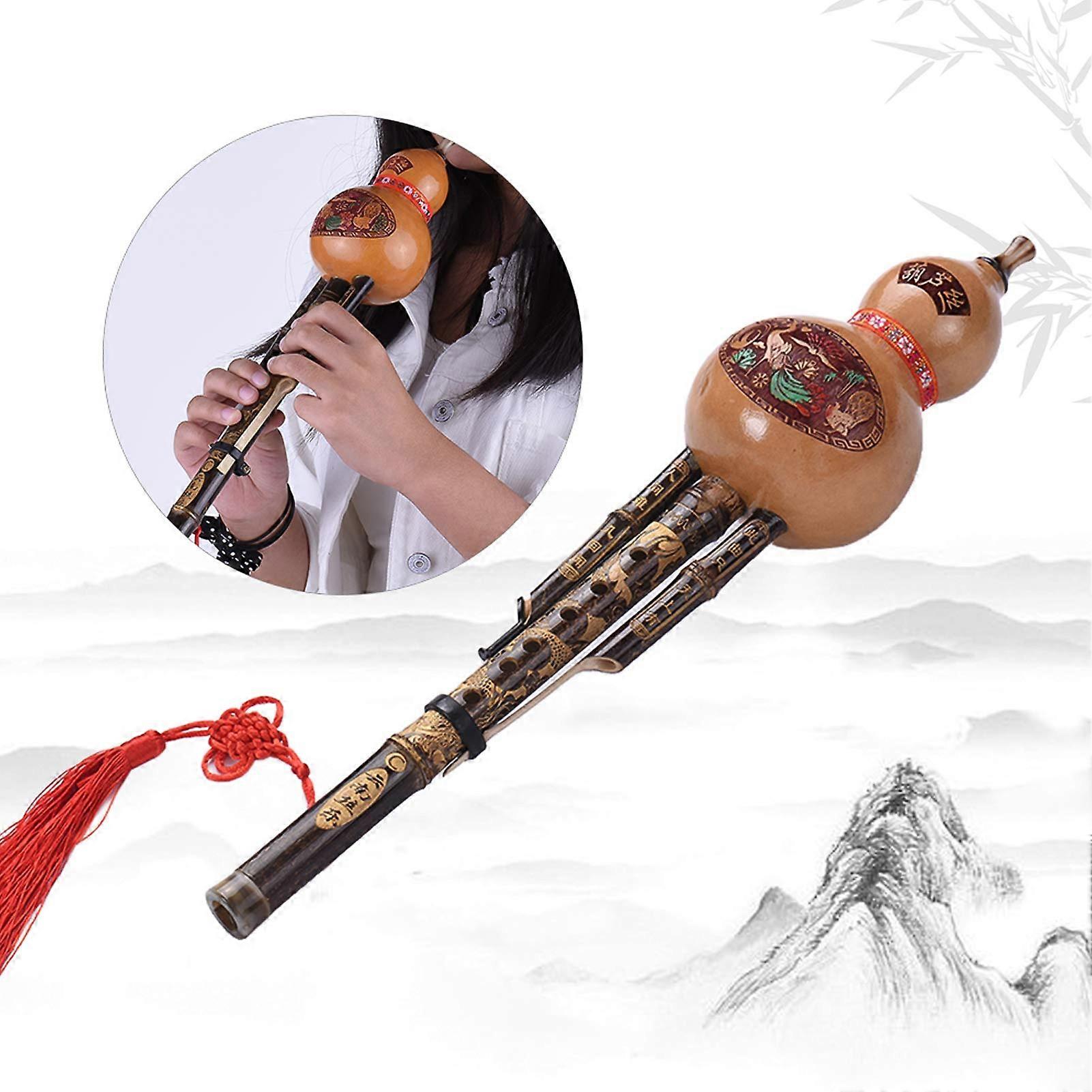 Chinese Handmade Black Hulusi Pumpkin Flute Bamboo Ethnic Musical Instrument Key C with Case for Music Lovers