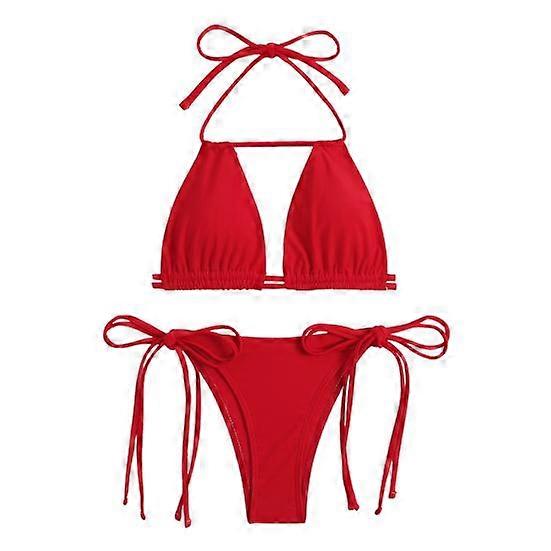 2Pcs/Set Women Sexy Bikini Set Halter Sleeveless Bra High Waist Lace-up Swim Briefs Set Solid Color