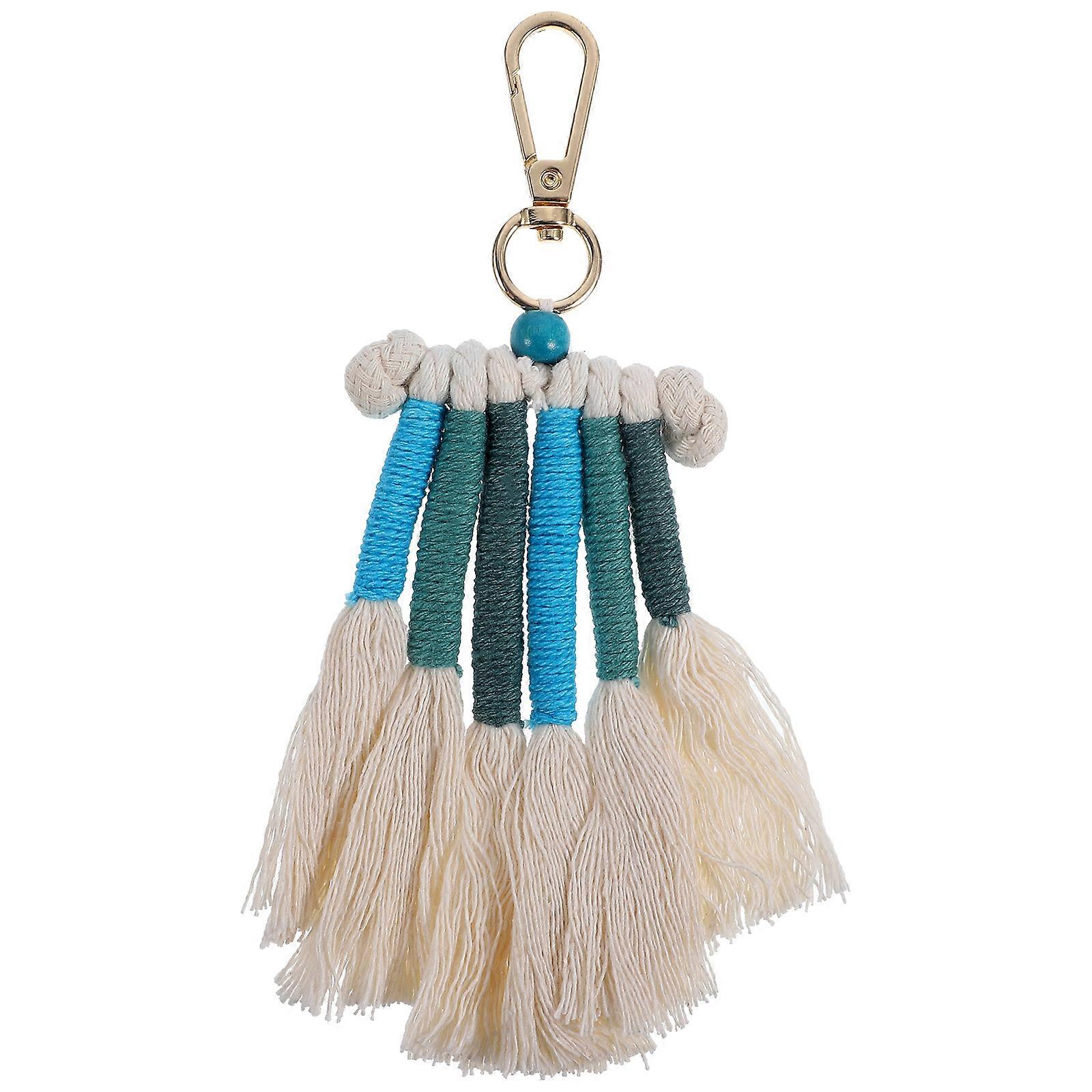 Bohemian Style Handwoven Cotton Rope Key Ring Pendant with Delicate Tassel Design Blue Color