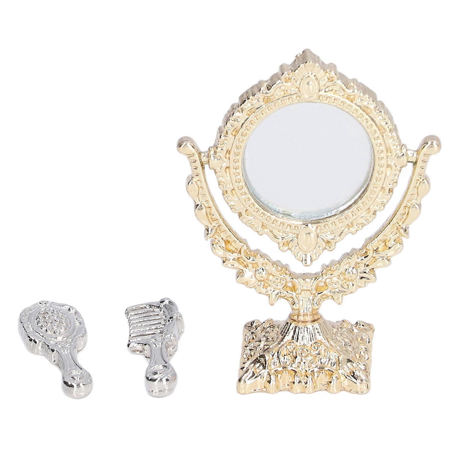 Portable 1:12 Scale Dollhouse Round Mirror Comb Decorative Piece