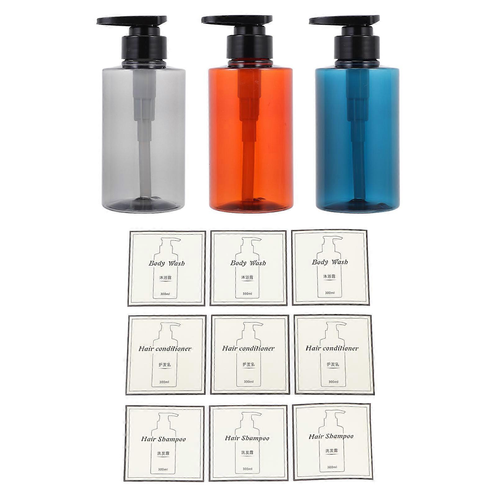 3 Sets Refillable Press Type Shampoo Bottles with Pump – Transparent, Gray, Tea & Blue – Empty Shower Gel Dispensers for Bathroom & Hotel Use