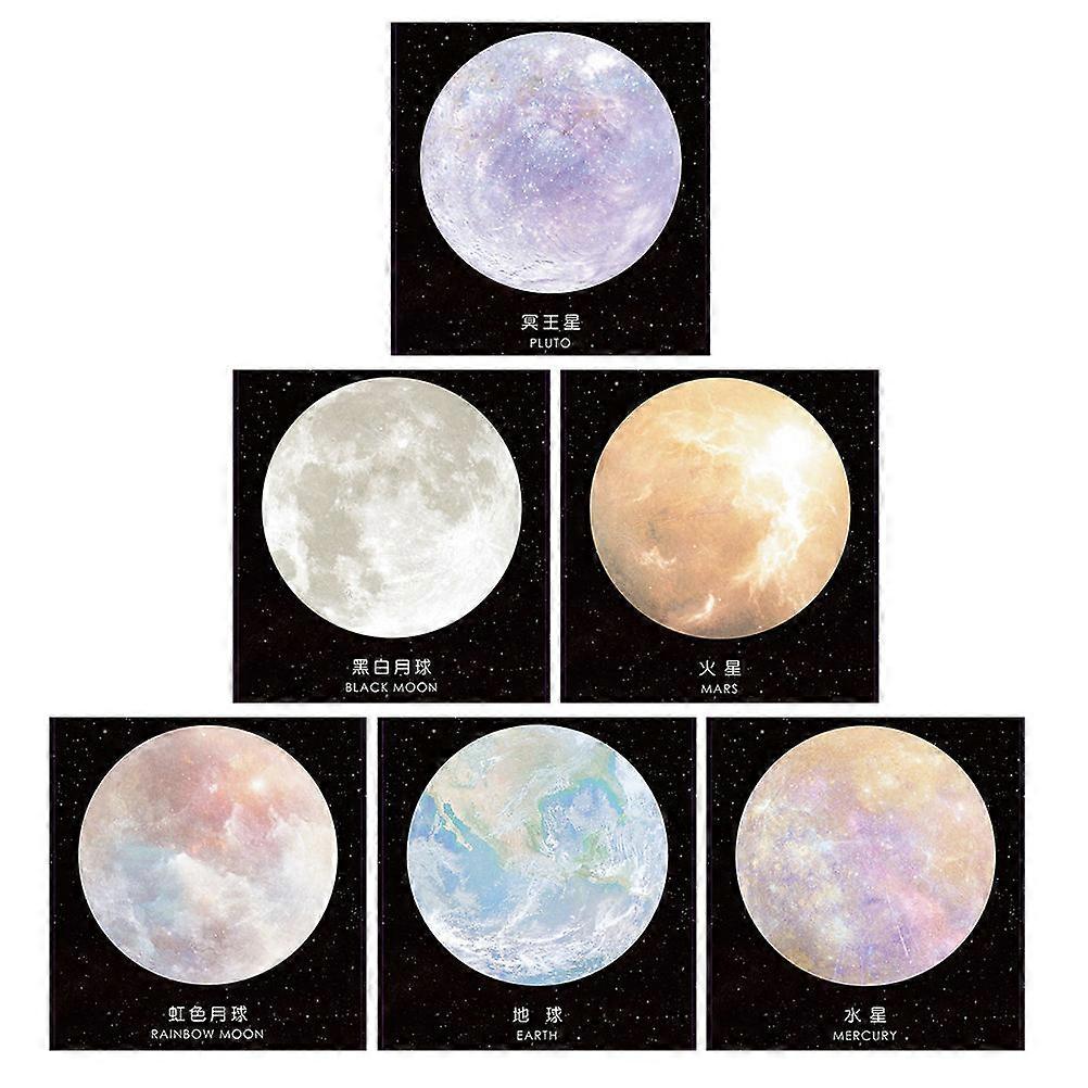 6pcs Planet Series Round Moon Theme Memo Pads Strong Adhesive Unique Design for School Office Creative Note Taking Supplies