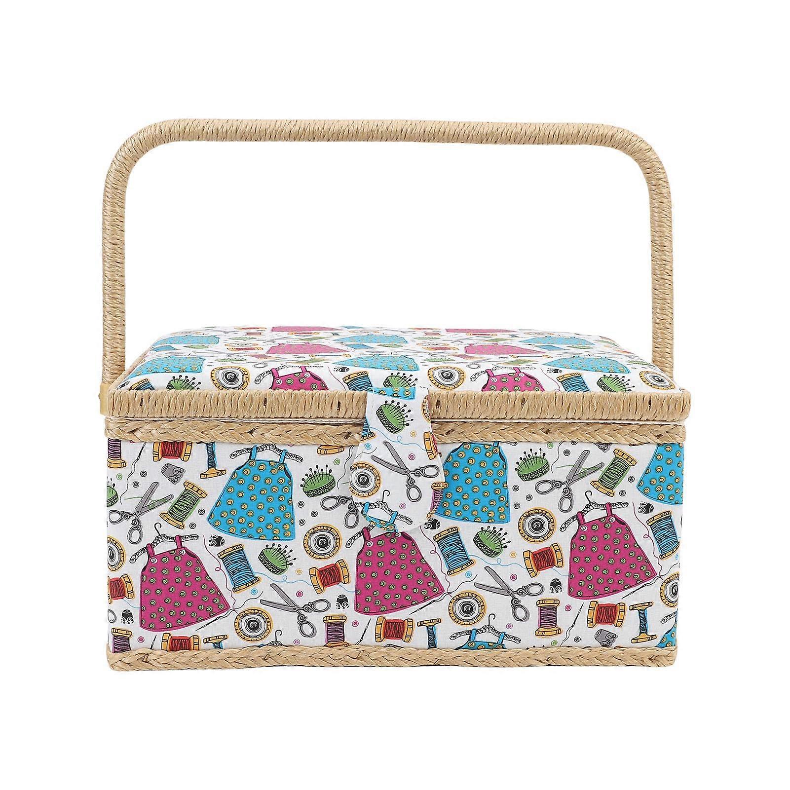 Sewing Basket Large Capacity 2Layer Organizer With Handle Classic Fabric Design For Scissors Thread Pins Needles