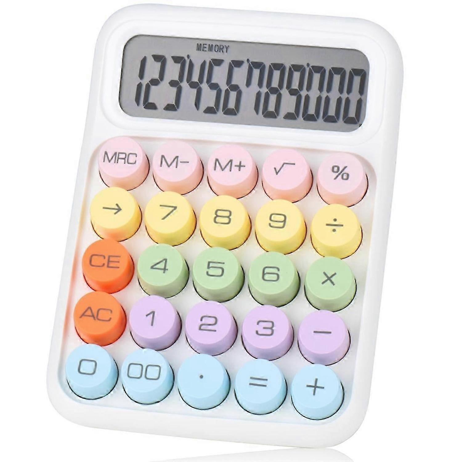 Mechanical Pushbutton Calculator, 12 Digit LCD Display, White