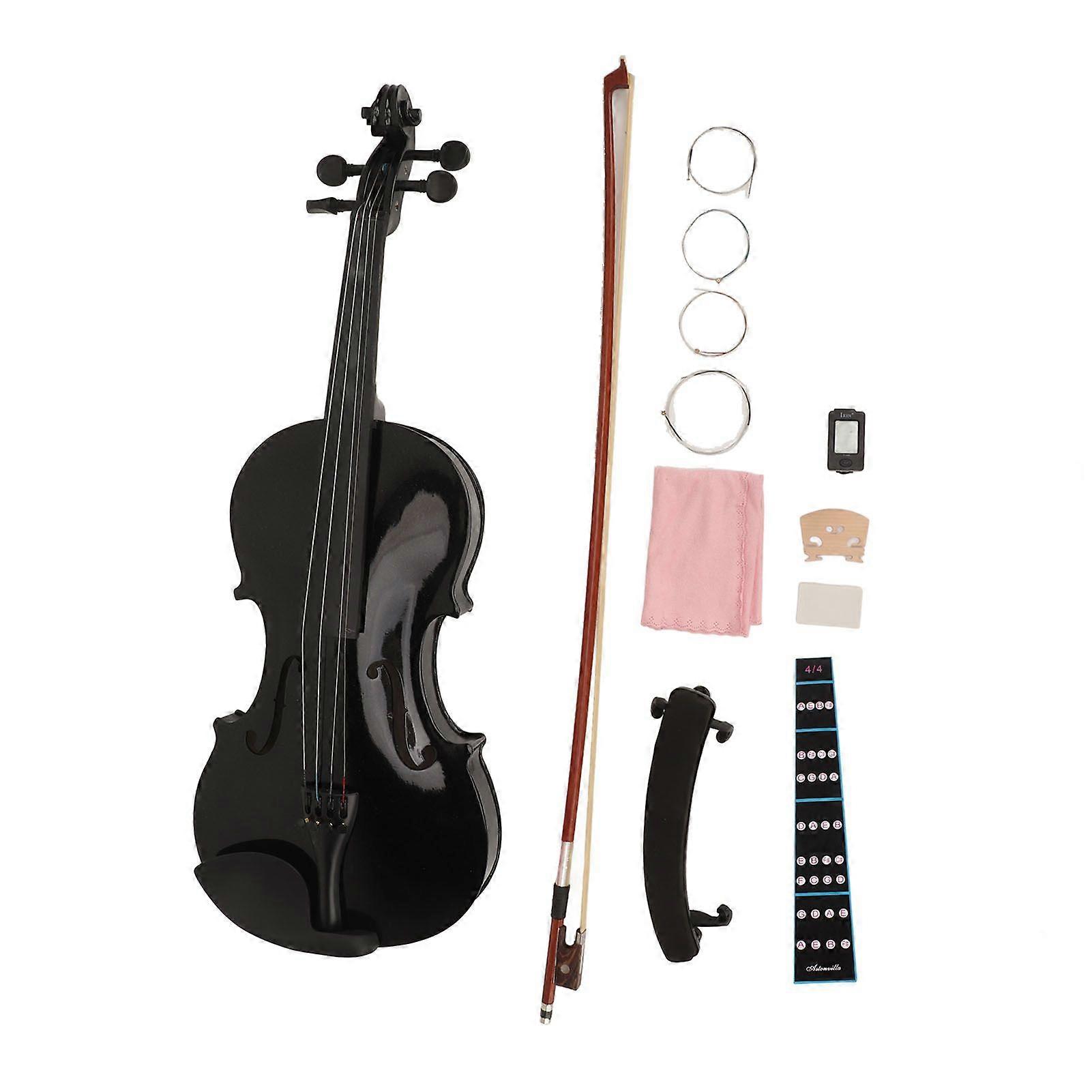 Acoustic Violin 4/4 Kids Adults Beginners Starter Kit with Box Rosin Shoulder Rest Mixer String Bow Fingerboard Sticker Black