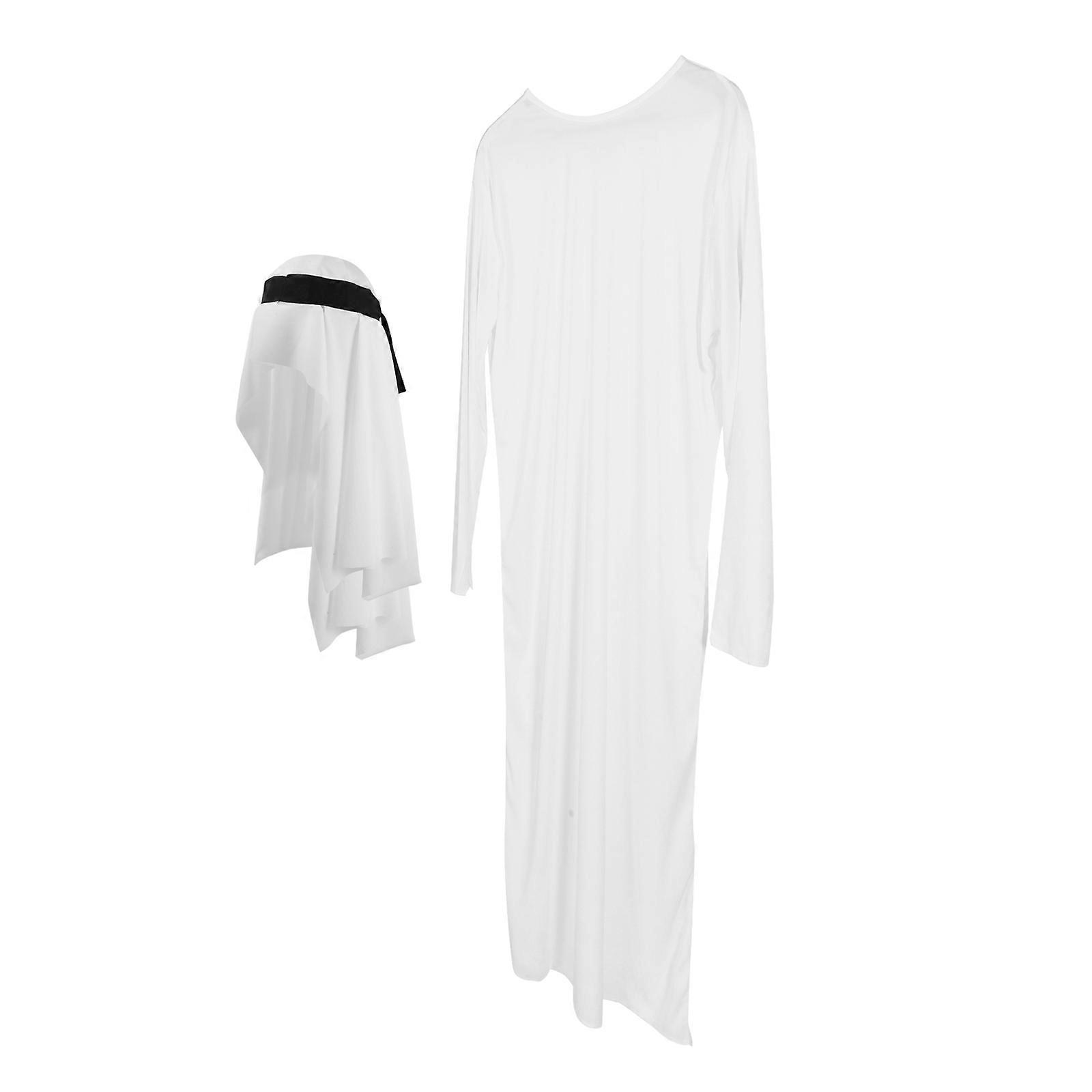 Arabic Thobe with Hat 1Set White Polyester Arabic Robe for Decoration and Durable Craftsmanship