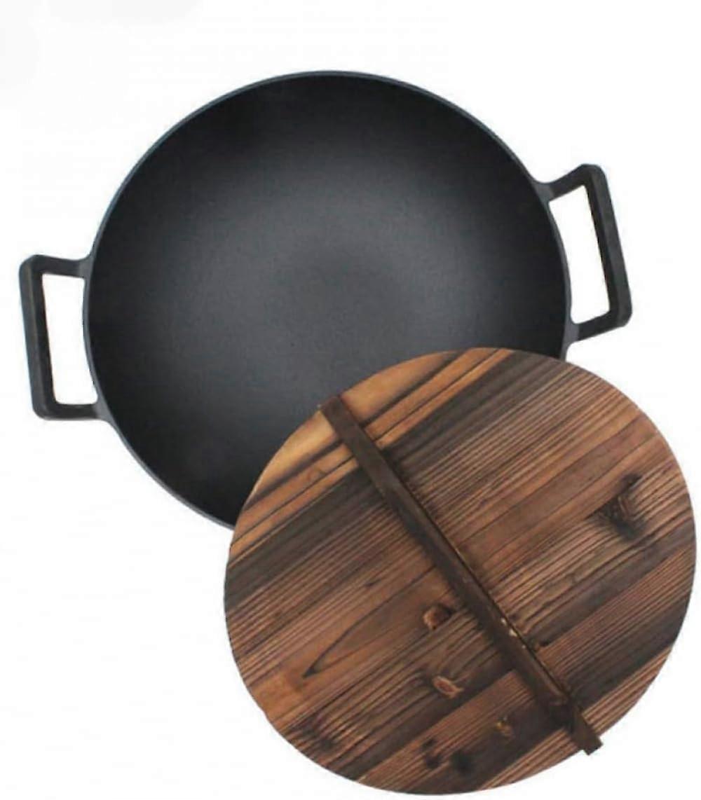 Cast Iron Wok Shallow Concave Professional Large Uncoated NonStick Induction Compatible 32 Cm Mouth Diameter
