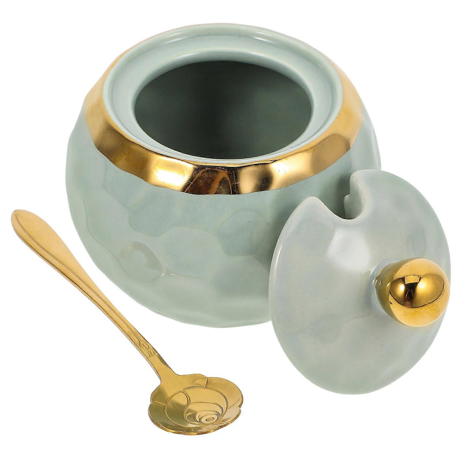 3Sets Green Ceramic Sugar Jar for Storage Use with Lid Spoon Seasoning Container