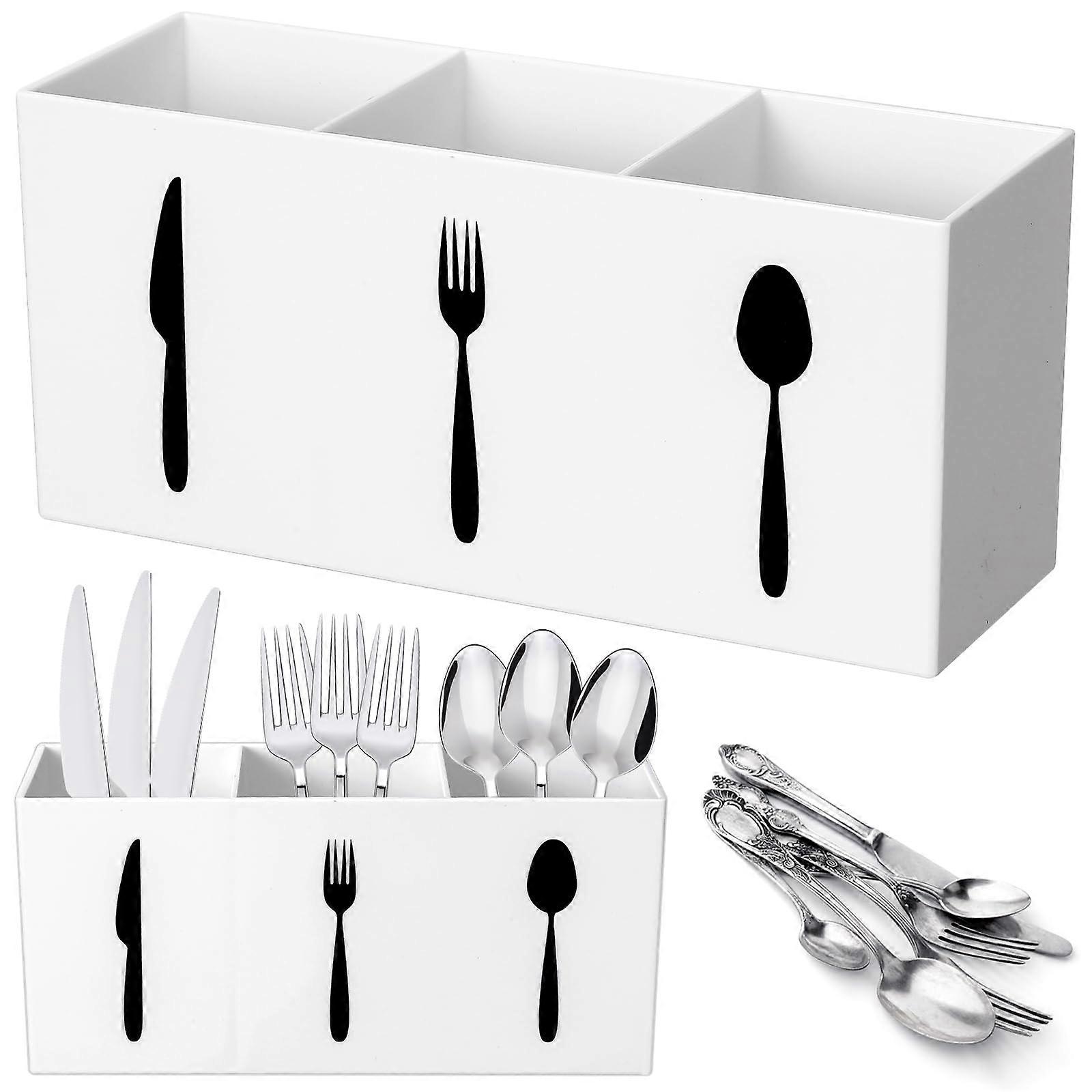 Acrylic Cutlery Storage Organizer Bin 3Section Silverware Caddy For Cabinet Countertop Kitchen White M