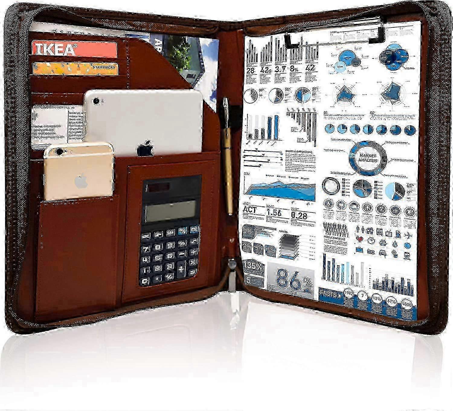 Professional Leather Portfolio Organizer with Zippered Closure, A4 Resume Document Folder & Clipboard - Brown