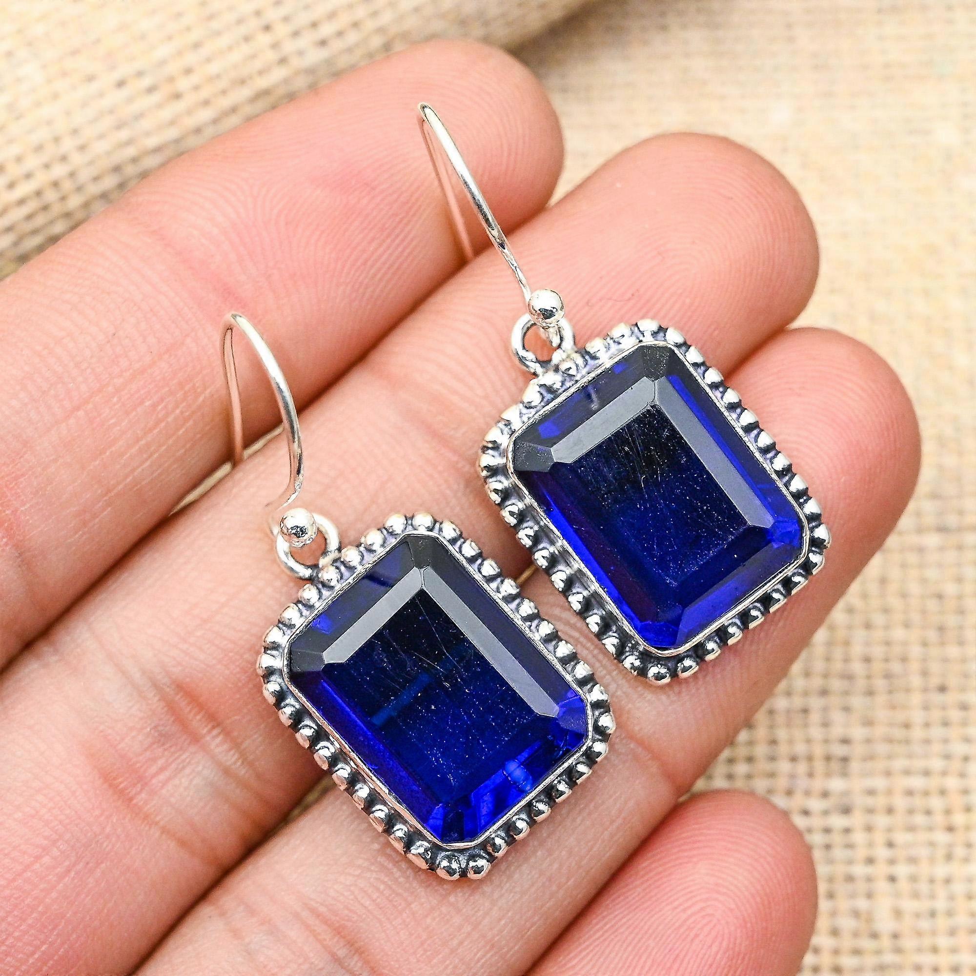 Orecchini in argento sterling 925 creati in laboratorio con pietra preziosa di zaffiro blu, fatti a mano, per lei