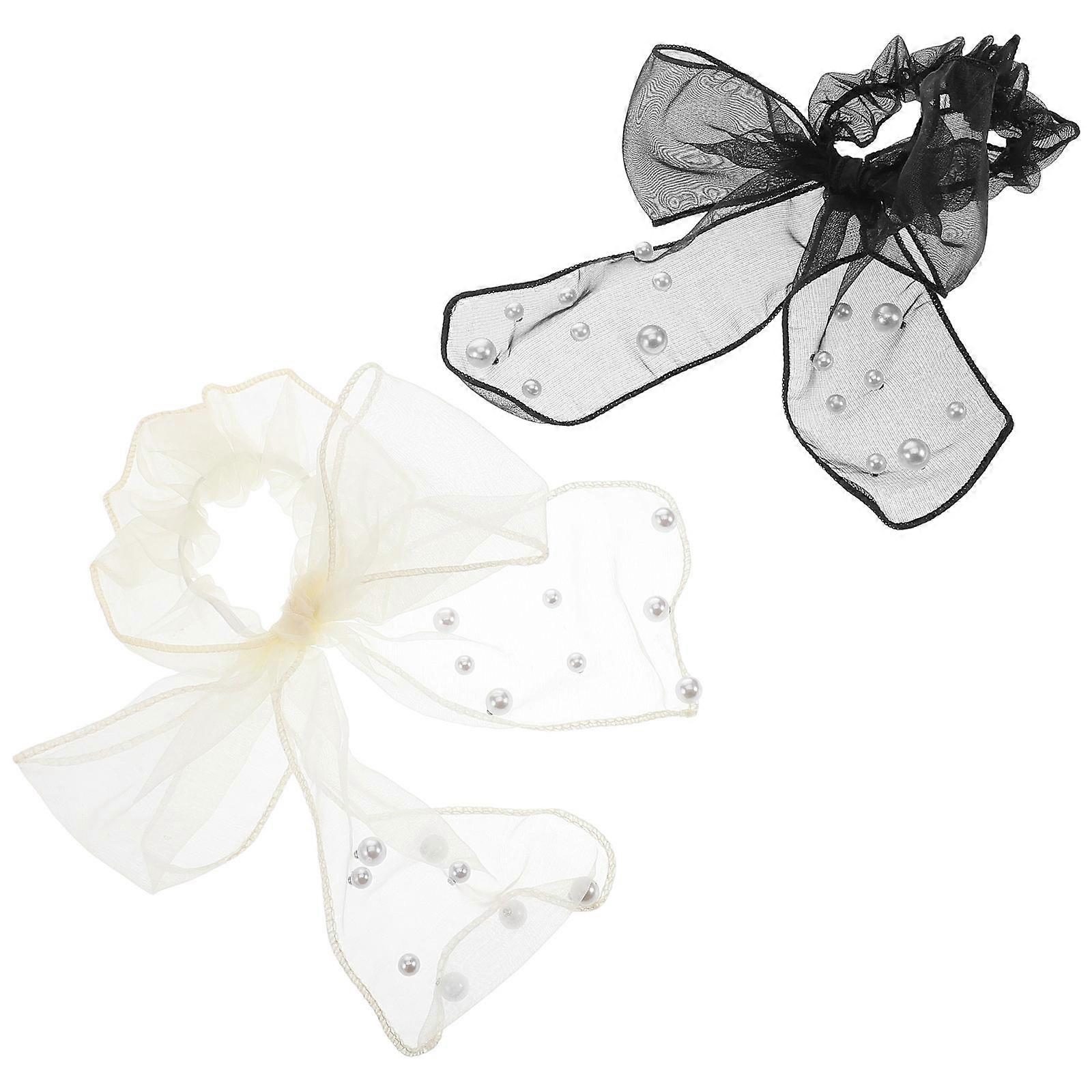 High Elastic Beaded Mesh Bow Scrunchie for Women 2Pcs Hair Accessory Assorted