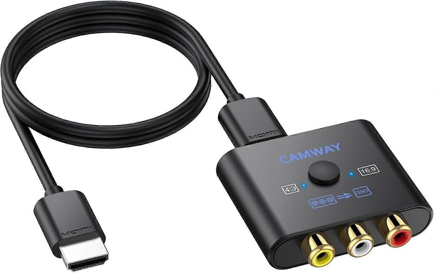 CAMWAY RCA to HDMI Converter 1080P AV to HDMI Converter 16:9/4:3 Conversion Mini Composite CVBS Audio Video Adapter Supports PAL/NTSC for Wii/PS1/PS2/