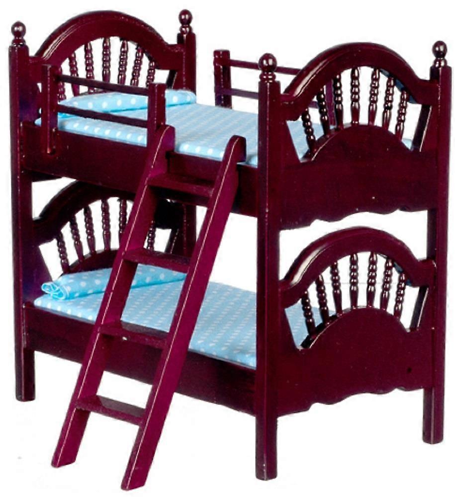 بيت الدمى الماهوجني المغزل سرير بطابقين سرير بطابقين أثاث غرف نوم مصغرة 1:12