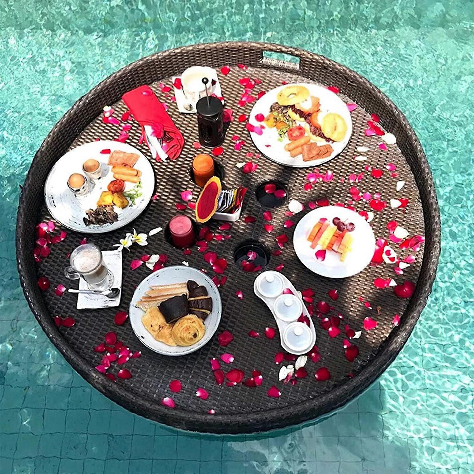 Round Woven Serving Tray with Handles, Waterproof Floating Food Tray for Breakfast, Tea, Parties