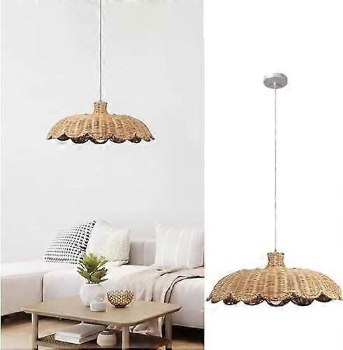 Retro Farmhouse Rattan Wicker Chandelier Scalloped 25.6Inch Woven Pendant Light Adjustable Height Ceiling Fixture