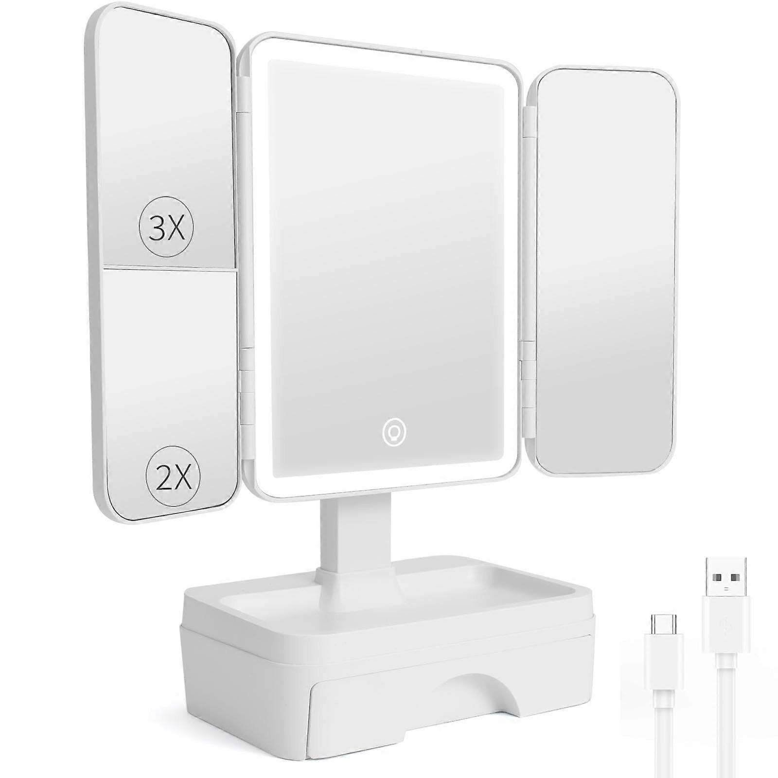 Tri Fold Lighted Makeup Mirror with LED Adjustable Lighting, Magnification and Storage Drawer