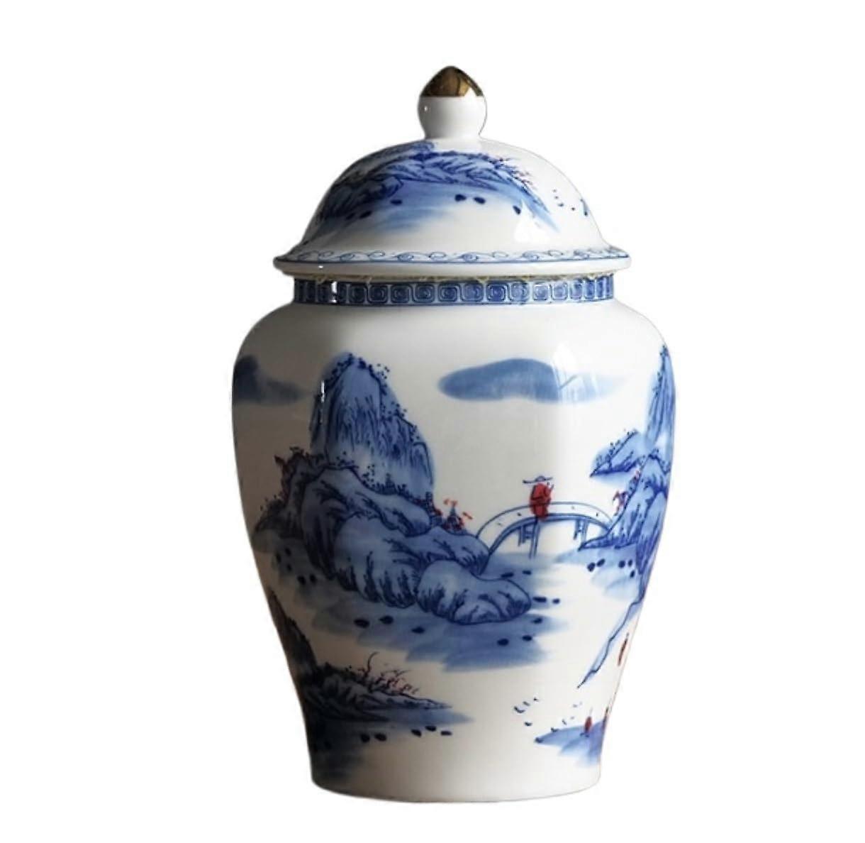 Blue and White Ceramic Ginger Jar with Lid, Elegant Pattern for Home Decor and Flower Display A11 19cm
