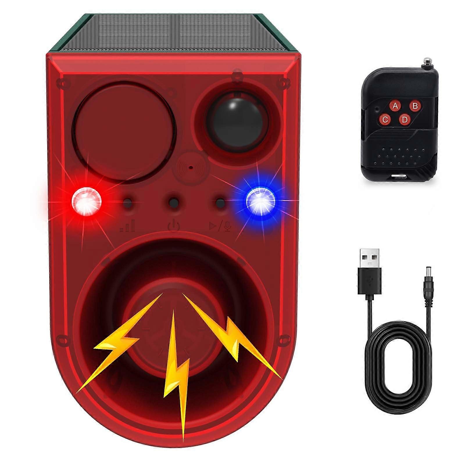 Solar Motion Sensor Alarm with 130dB Siren LED Red Blue Strobe Waterproof Solar USB Charging for Home Farm Yard