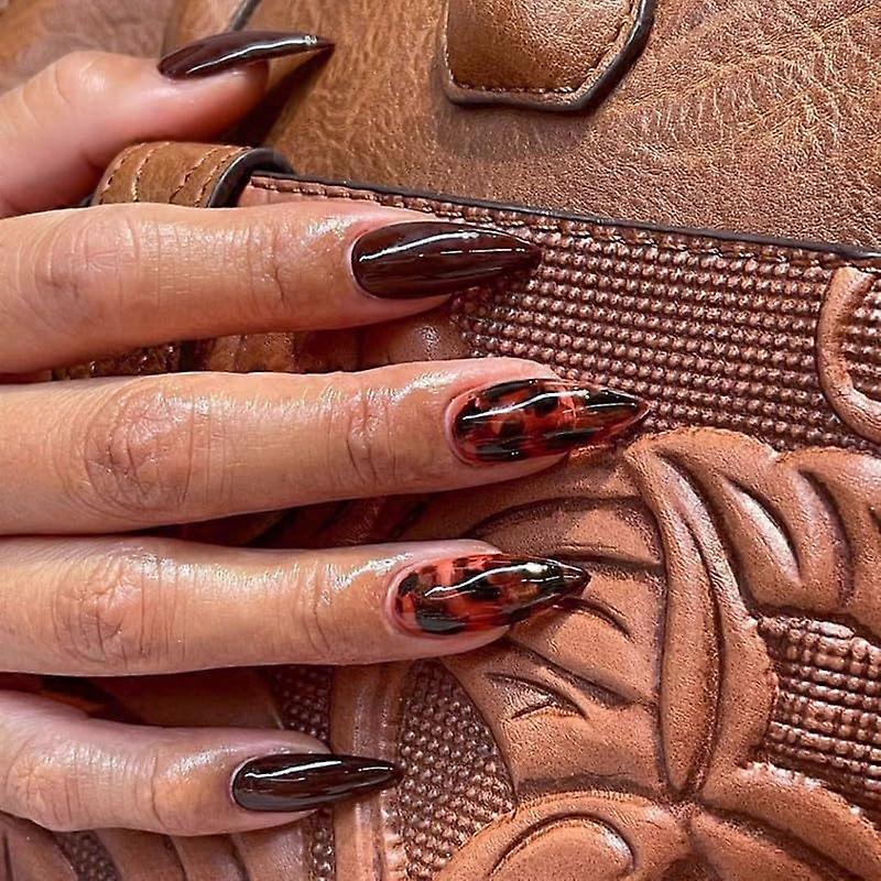 Dark Brown Almond Press On Nails with Leopard Print, Reddish Brown Halo Design, Reusable Set