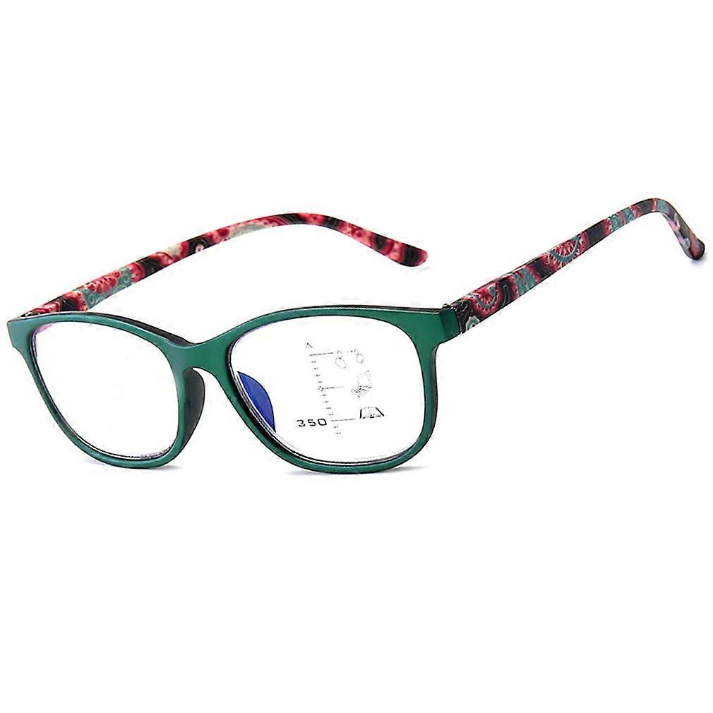Progressive Multifocal Reading Glasses with Anti Blue Light Filter, Blue Flower Pattern +1.0