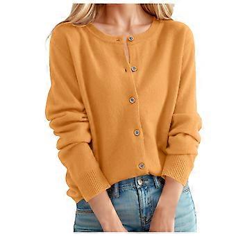 Women Sweater Solid Color Long Sleeve Round Neck Button Knit Cardigan Sweater Woman Classic Indoor Outdoor Wear Sweater,Yellow,M