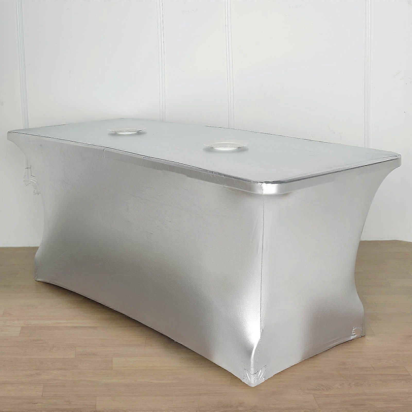 6FT Metallic Rectangular Stretch Spandex Table Cover for Wedding Kitchen Dining Events - Silver