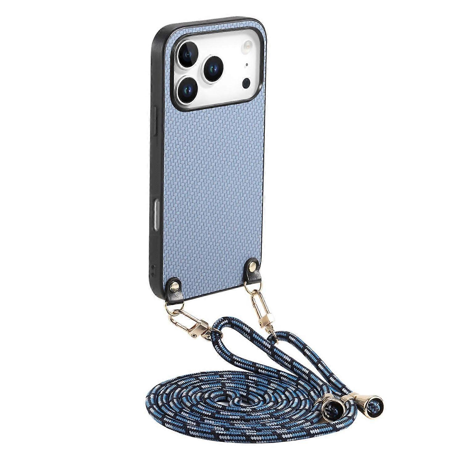 Carbon Texture Design Leather Case with Lanyard, Blue, for Apple iPhone 17 Pro Max