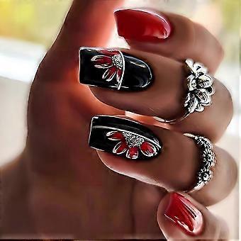Faux ongles à pression rouges style français, carrés moyens, brillants, en acrylique, avec fleurs pailletées, 24 pièces