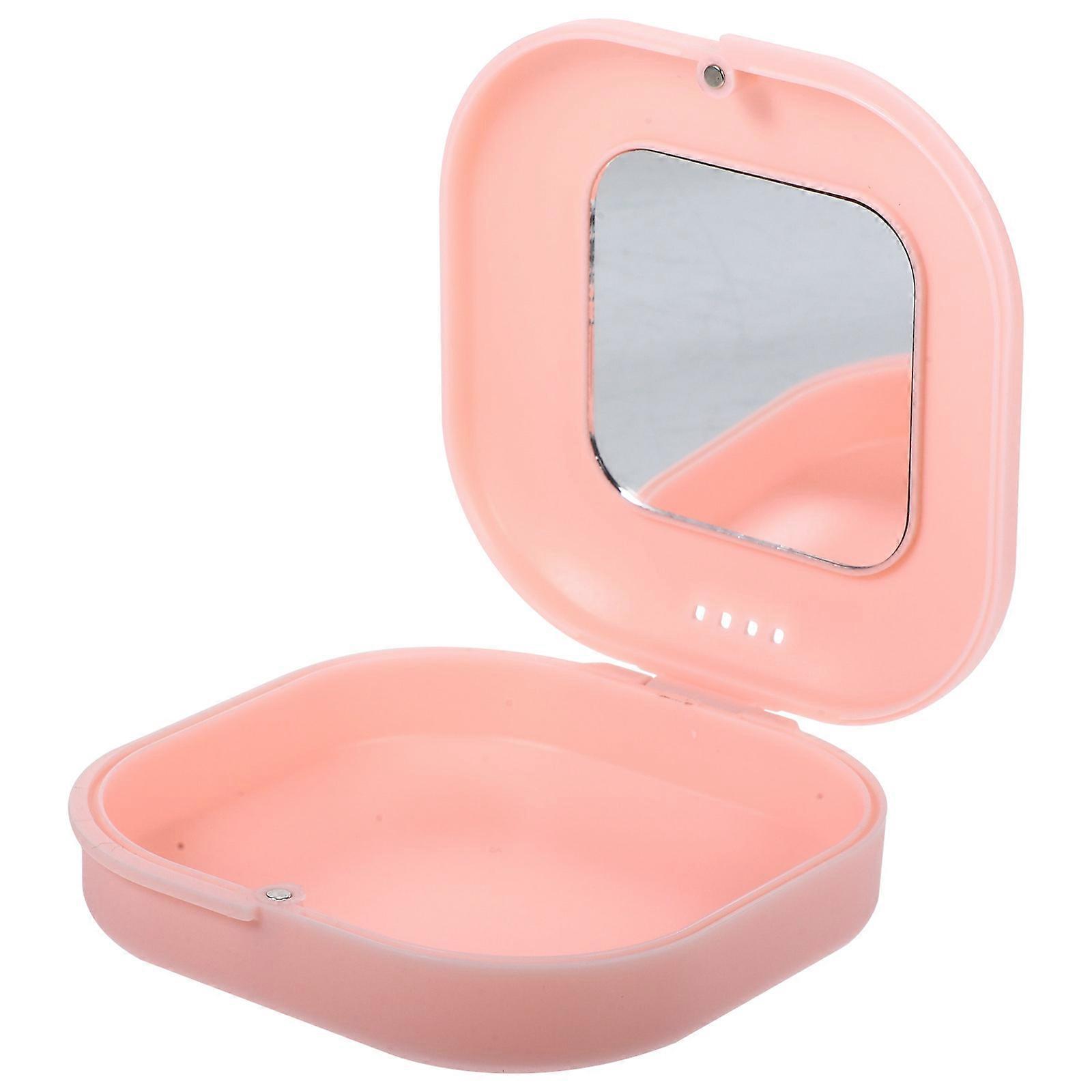 Denture Container Portable Denture Case with Mirror 2Pcs Pink ABS Box