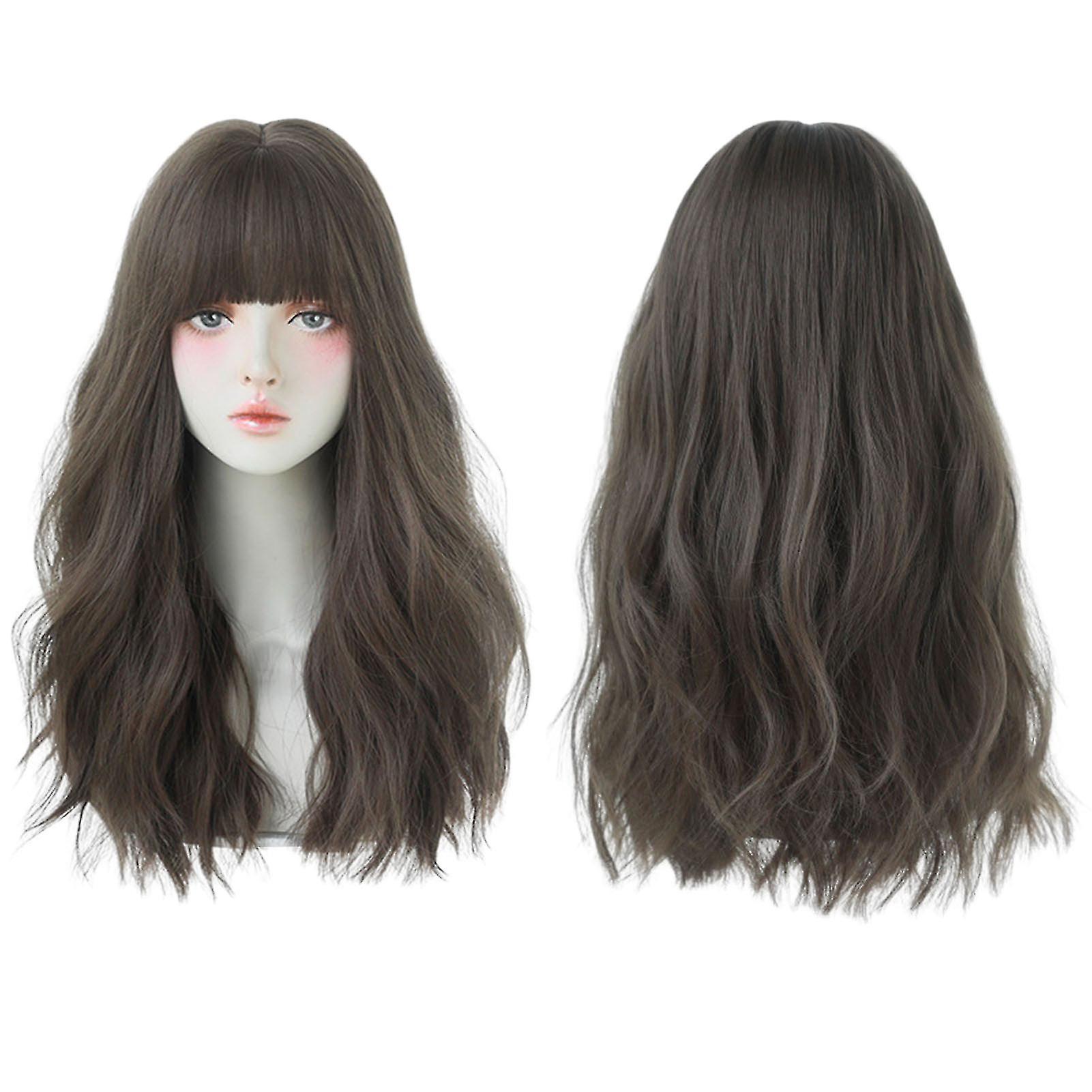 Long Curly Brown Wig With Fringe Reusable Heat Resistant Synthetic Wigs