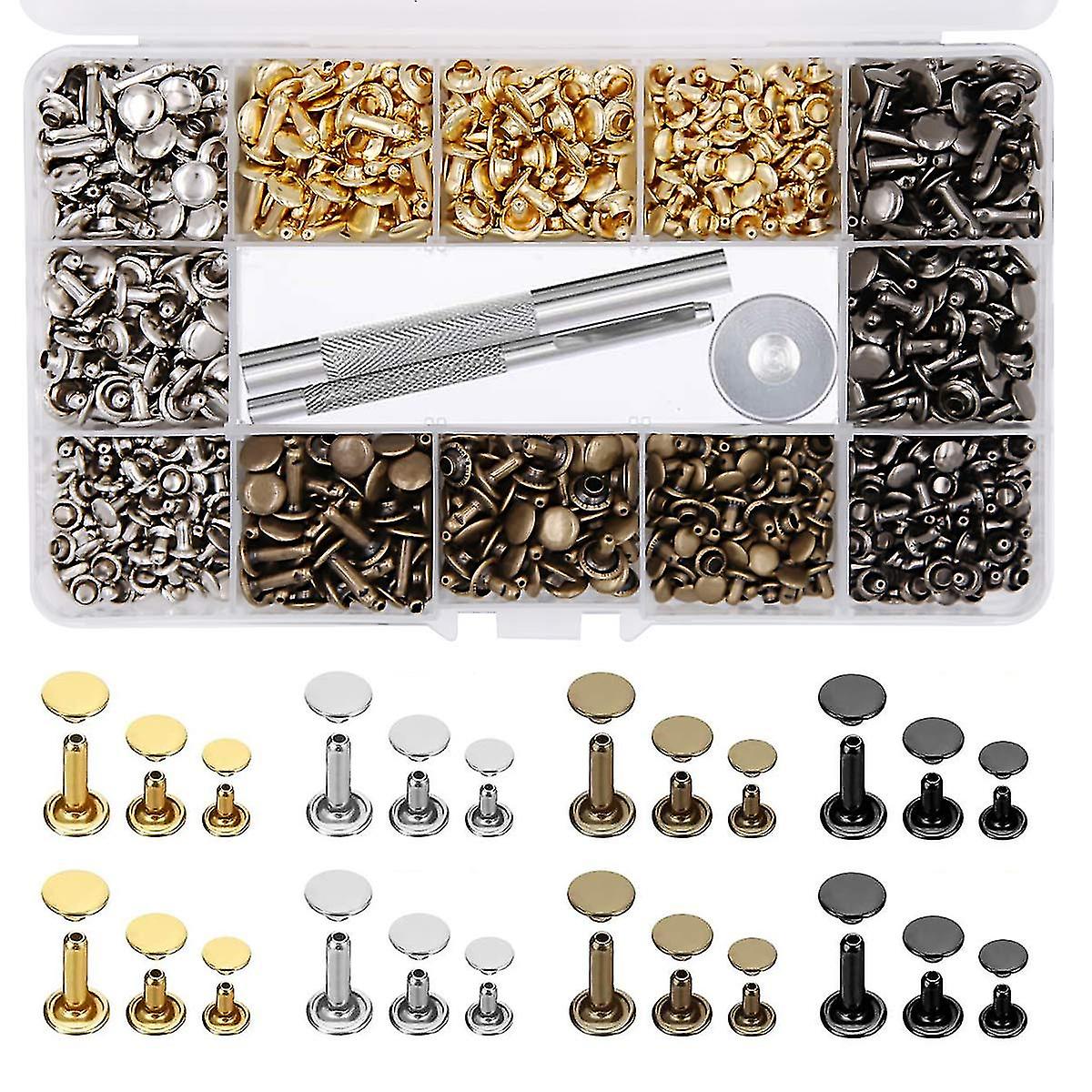 484pcs Leather Rivets Double Cap Rivet Tubular Metal Studs 3 Sizes With Punch Pliers And 3pcs Setting Tool Kit For Leather