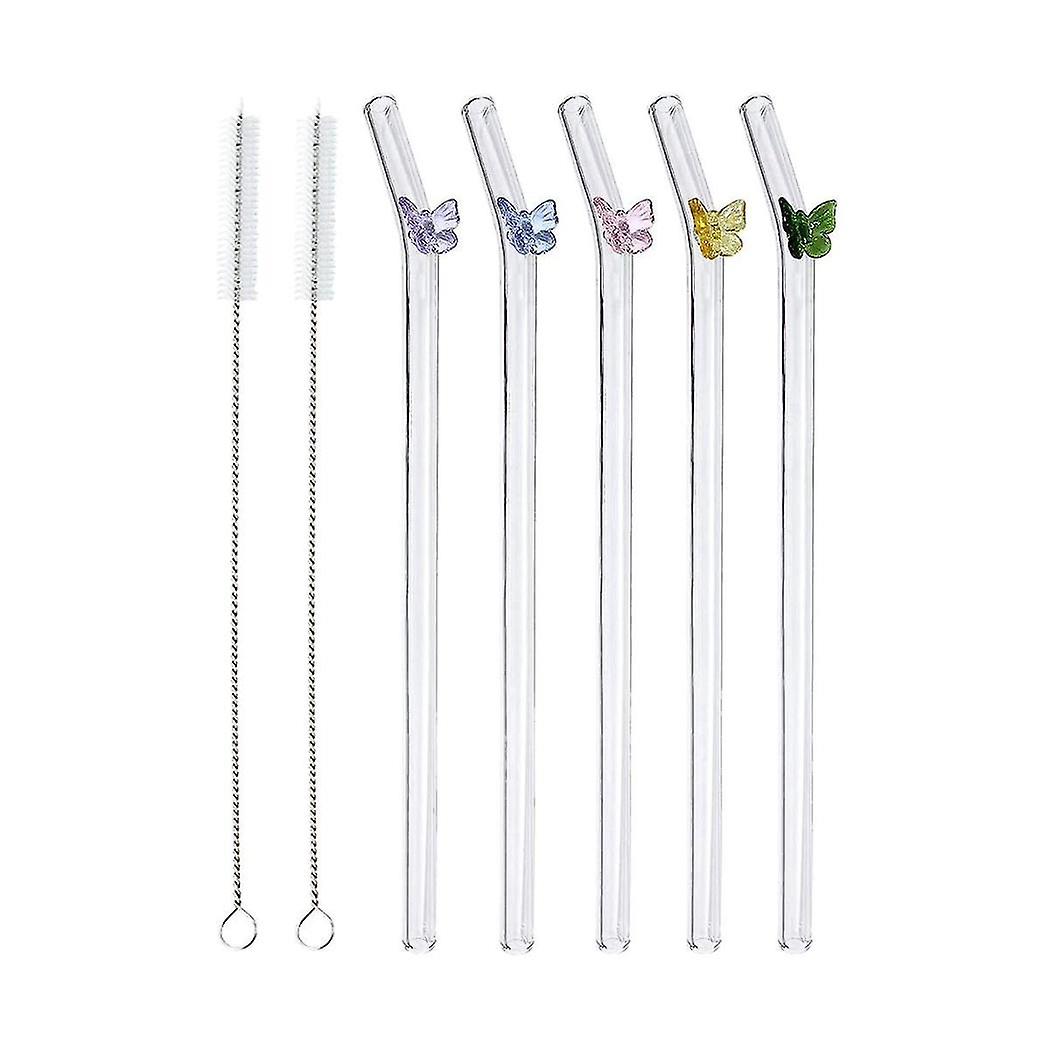 5 Pcs Reusable Glass Straws,colorful Butterfly On Clear Straws With Design Shatter Resistant Bent D