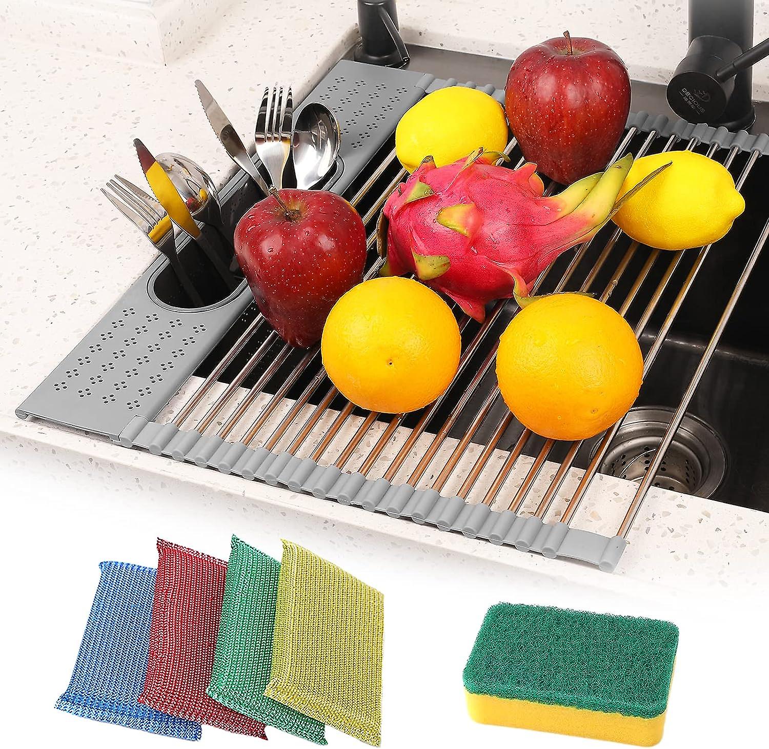 Roll Up Dish Drying Rack 17.32" x 14.56" Portable Stainless Steel Sink Rack with 1 Storage Baskets Over The Sink Dish Drying Rack