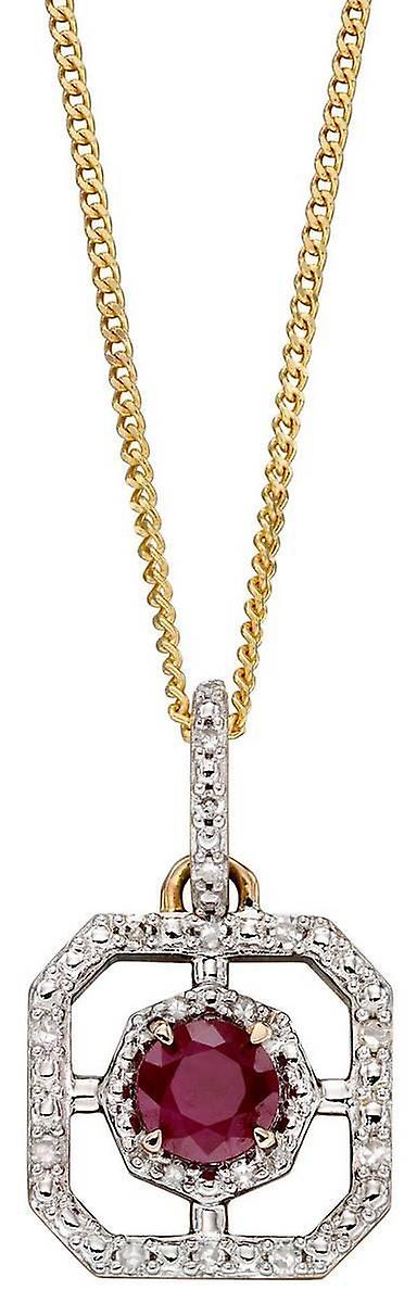 Elements Gold Ruby and Dimond Art Deco Pendant - Gold/Clear/Red