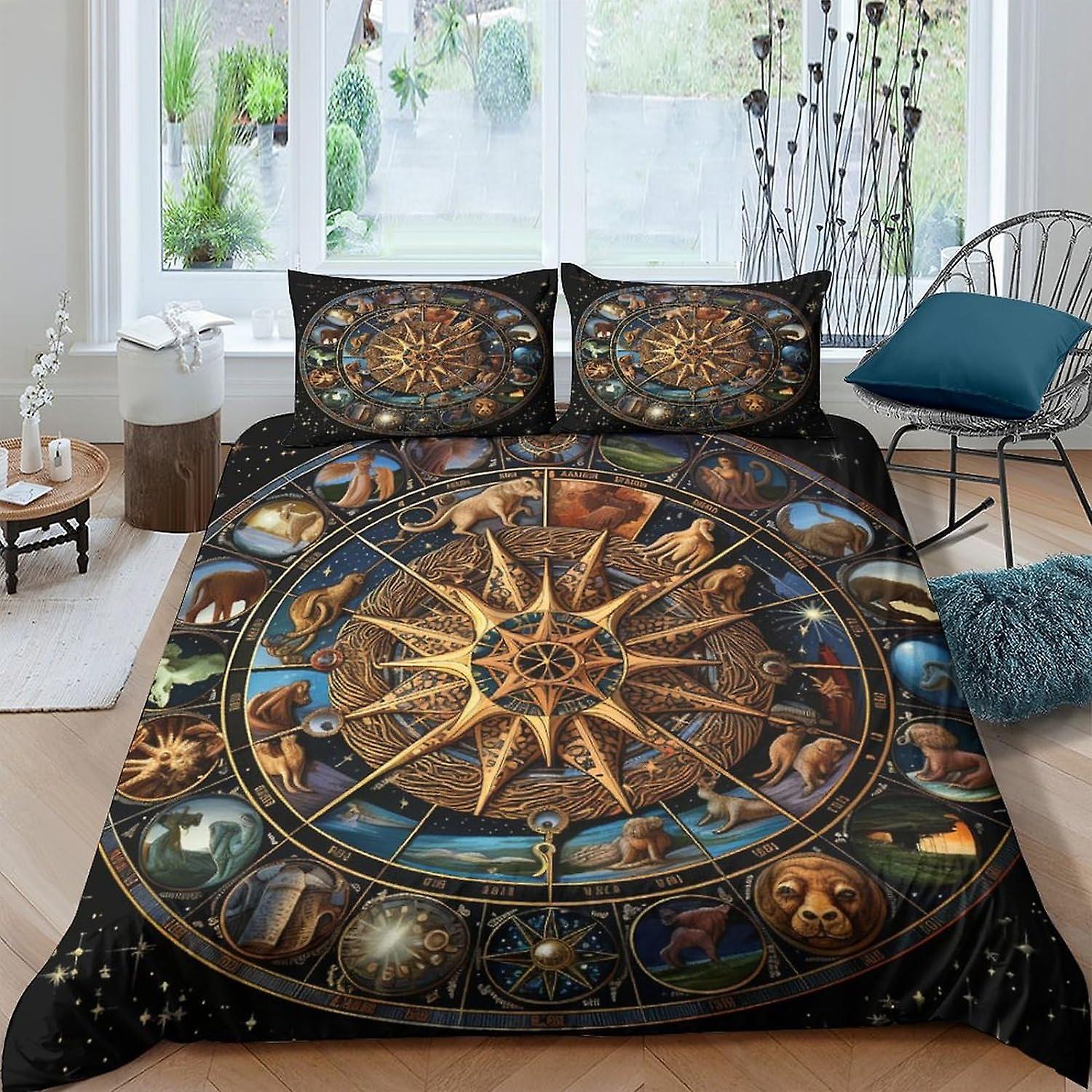 Astrolabe 3D Print Bedding Sets, with Pillow Cases, Duvet Cover Sets Soft Microfiber 3 Pieces, Twelve Zodiac Signs Quilt Cover with Zipper Comforter C