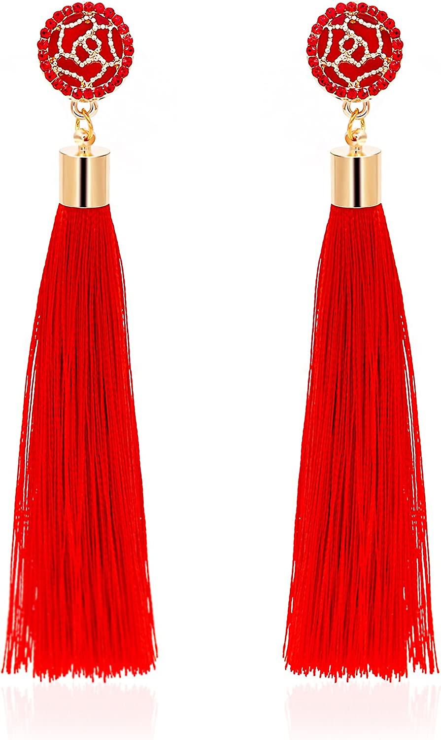 Rose Flower Long Thread Tassel Drop Pendientes, Boho Tassel Statement Pendientes