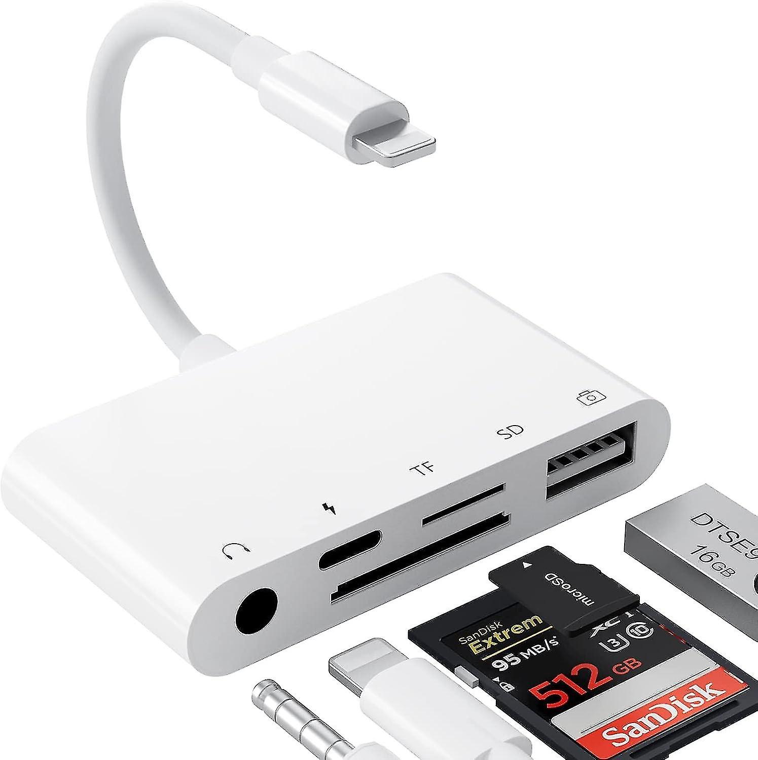 SD Card Reader Adapter for iPhone, 5 in 1 Adapter with USB Data Transfer + 3.5mm Headphone Jack Adap