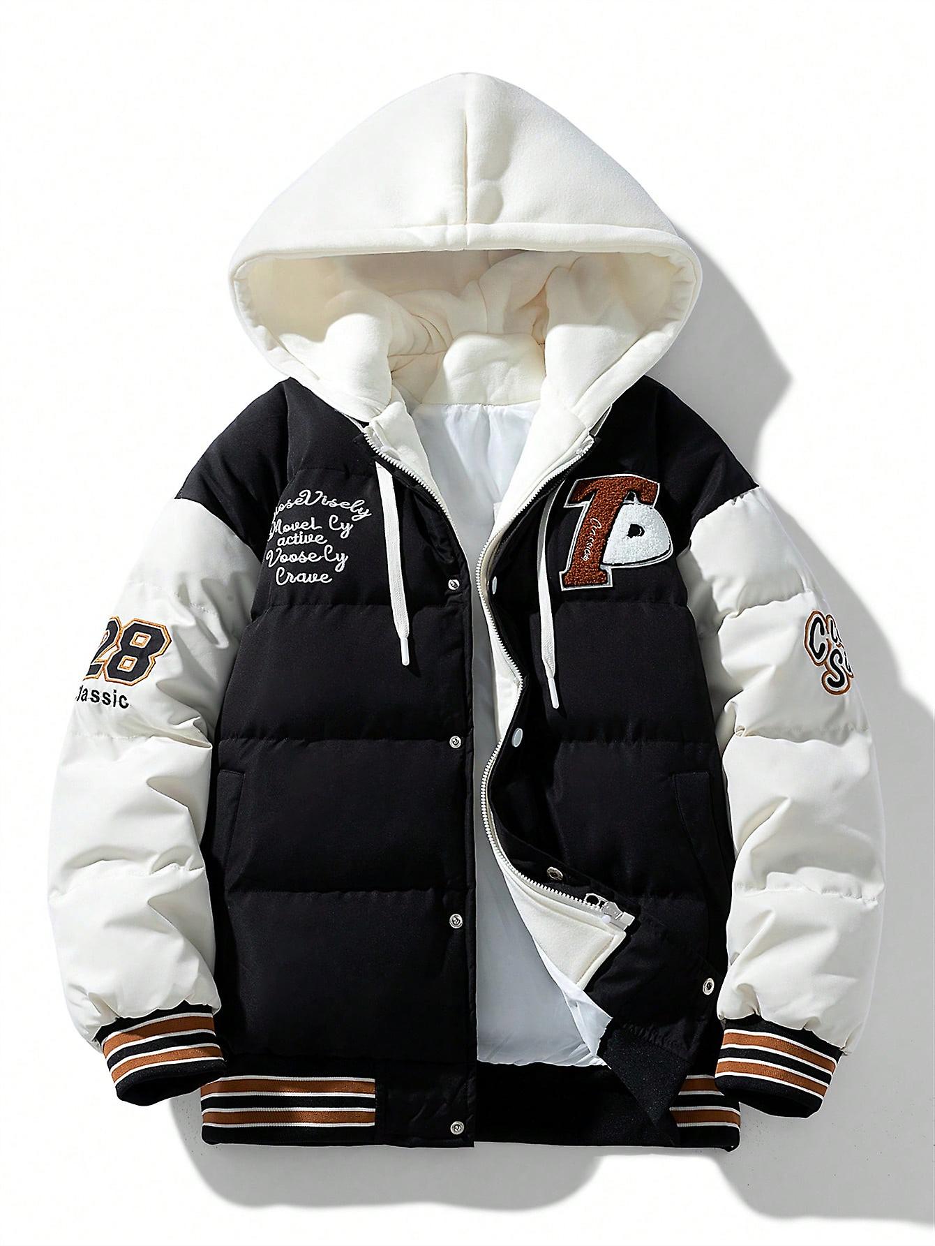 Men Slogan Graphic Colorblock Drawstring Hooded Puffer Coat