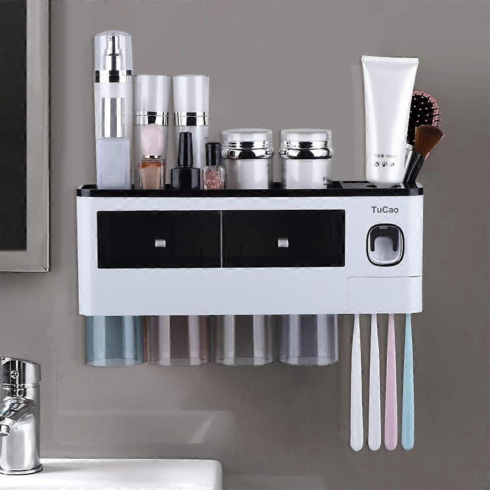 Wall-mounted automatic toothpaste dispenser with space-saving toothbrush holder for the bathroom, 4 transparent magnetic cups, 7 toothbrush slots, 1 c