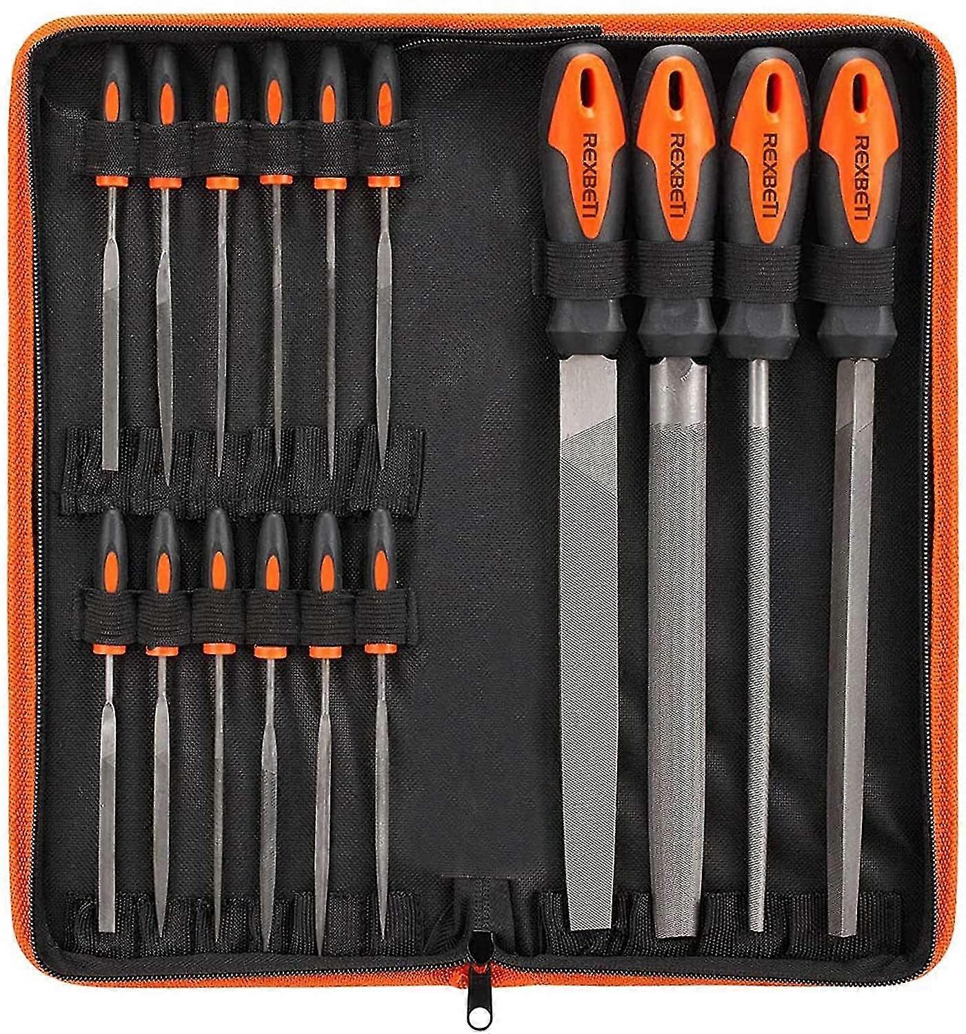 Rexbeti 16pcs Premium Grade T12 Drop Forged Alloy Steel File Set With Carry Case, Precision Flat/triangle/half-round/round Large File And 12pcs Needle