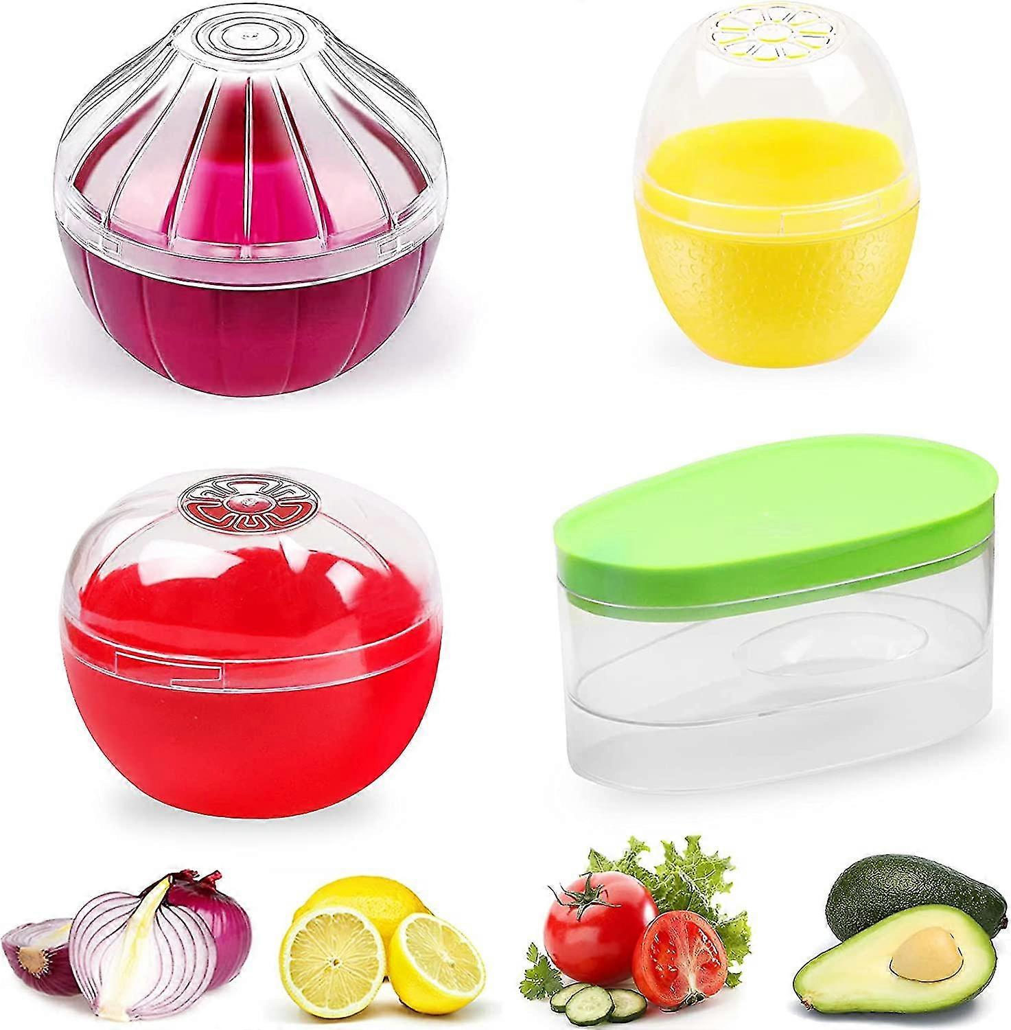 Fruit and Vegetable Storage Containers for Fridge 4 Piece Set, Onion, Lemon, Tomato and Avocado Saver/Holder/Keeper