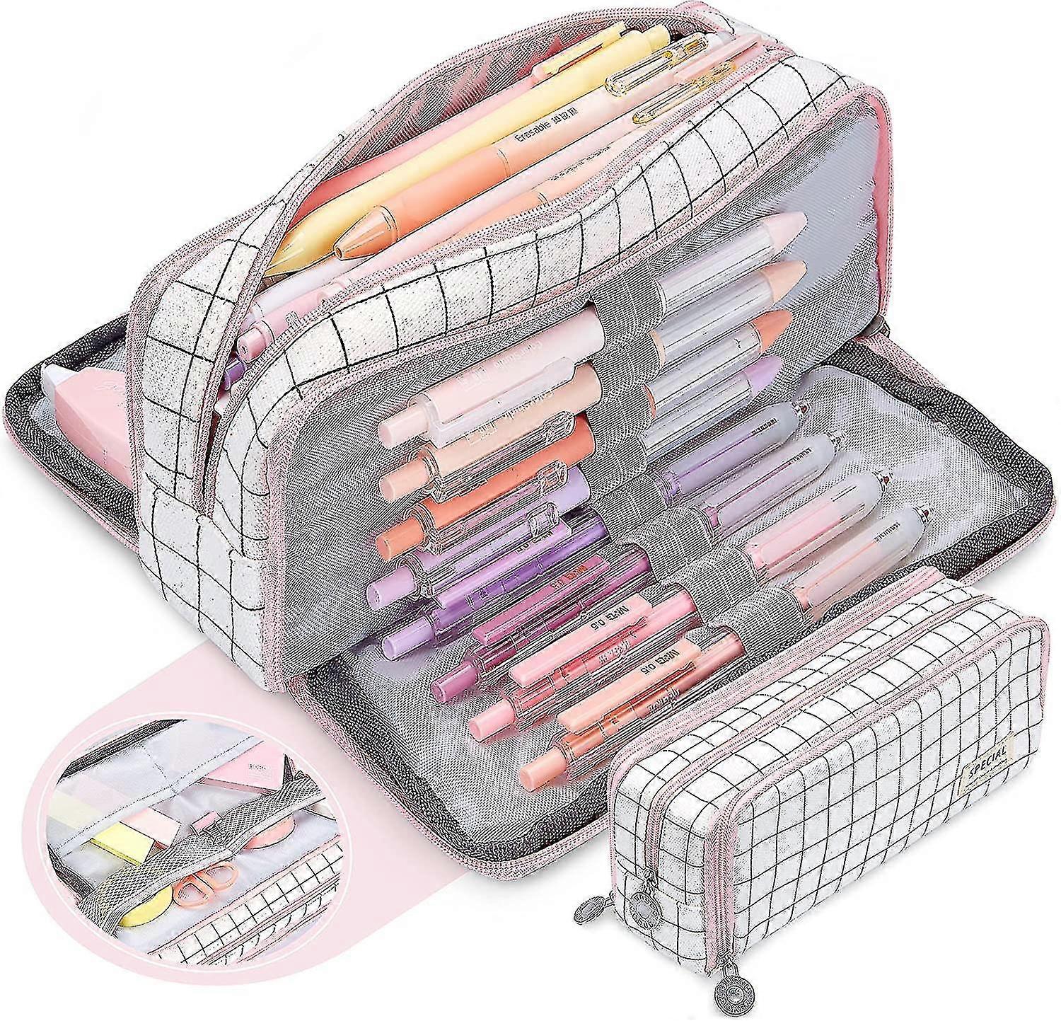 Large Pencil Case, Large Capacity Pencil Case With 3 Compartments, Makeup Bag Portable Office Statio