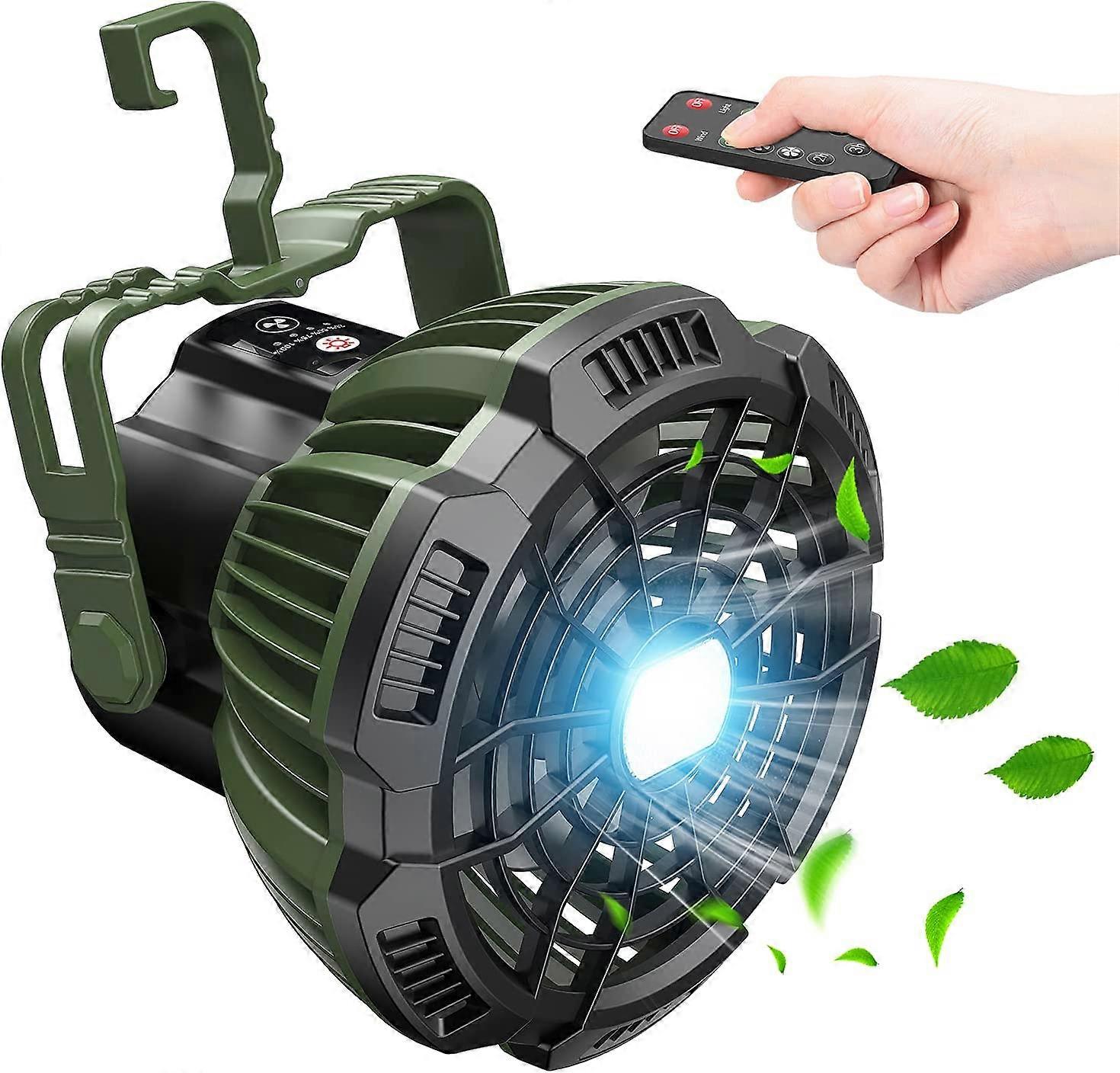 Camping fan with LED lantern, 7800 mAh rechargeable portable tent fan with remote control, power bank, 180 head rotation, silent battery operated USB