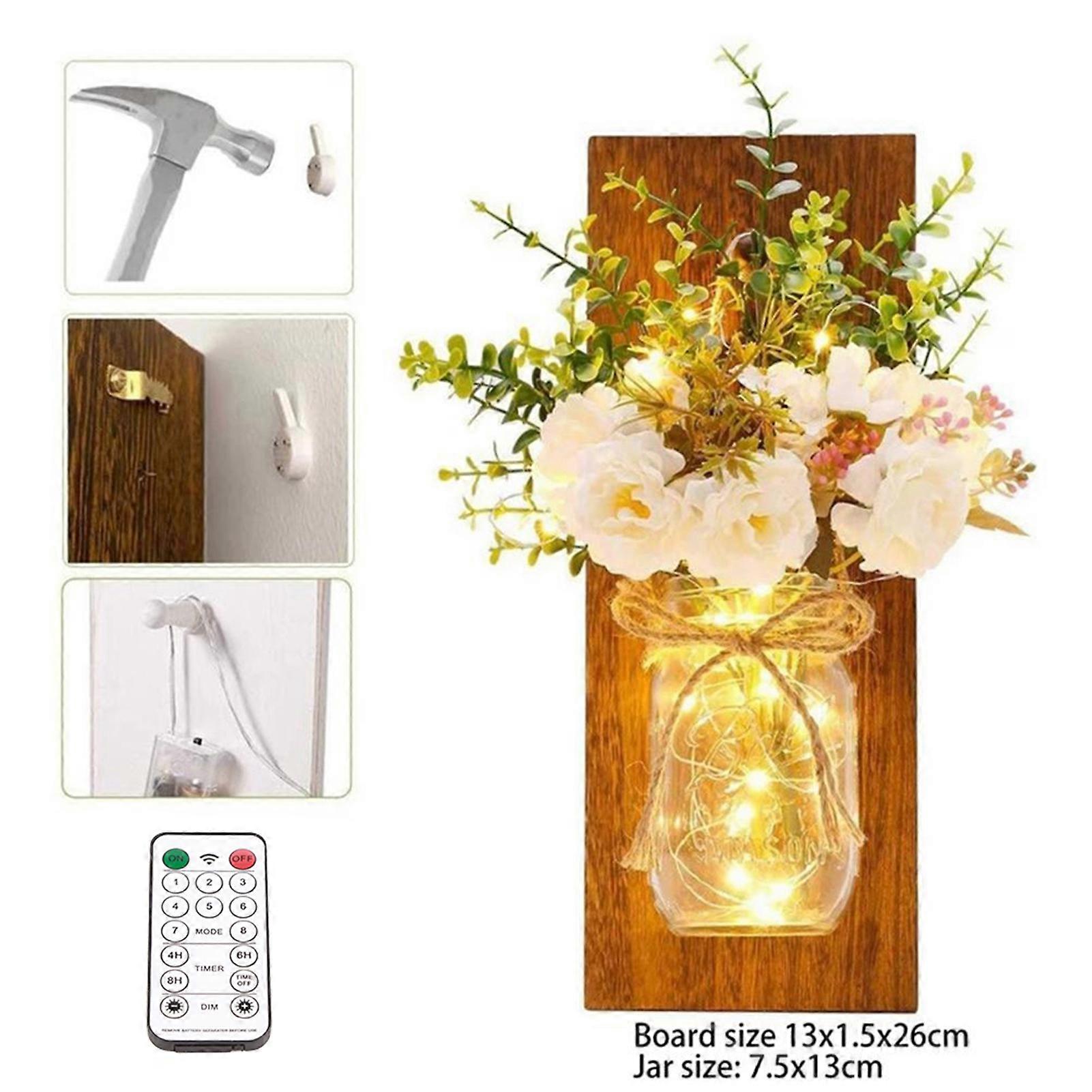 Rustic Wall Lamp with Remote Control LED Fairy Lights White Rose Glass Jar Wall Sconces Decor (2 Pcs)