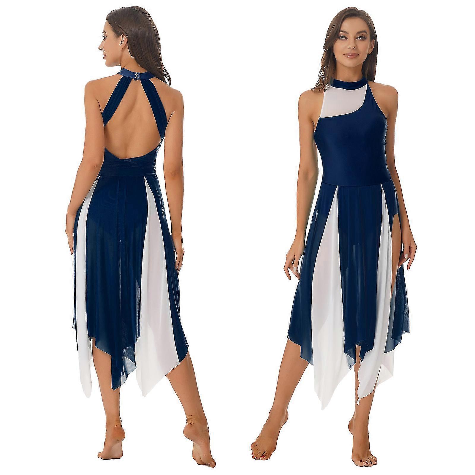 Women's Mesh Lyrical Dance Costume Sleeveless Halterneck Cut Out Back Modern Dance Dress Split Irregular Ballet Leotard Dresses
