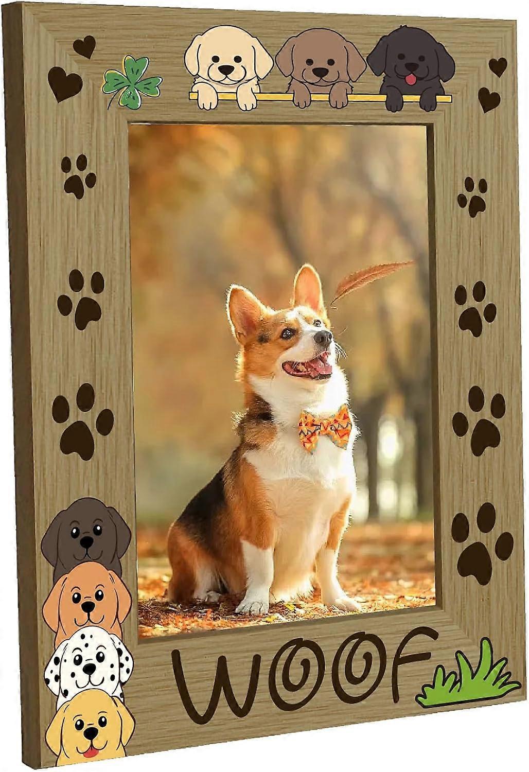 Dog Picture Frame Wood Photo Frame Holds Display Pictures 4x6 Wall Mounting Paw Print Brown Woof Printing Poster Frame Stand for Wall Gallery Tabletop