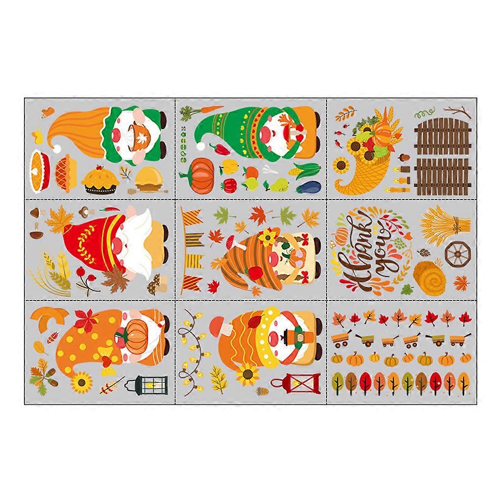 9 Sheets Thanksgiving Window Clings Autumn Gnome Maple Leaves Glass Static Decal